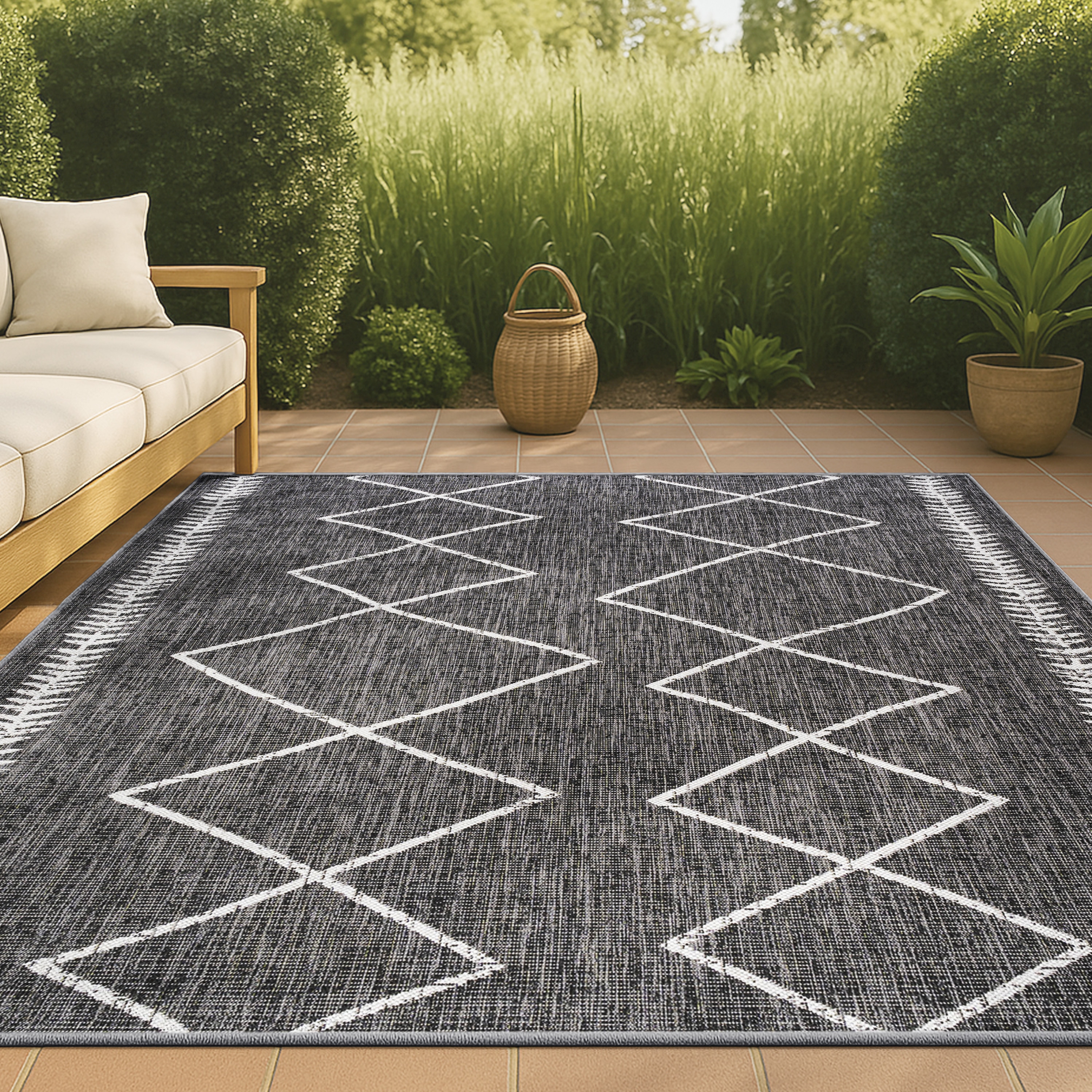 JONATHAN  Y SMB129E-4 Santa Monica Derya Tribal 4 x 6 (ft) Loomed Polypropylene Black/Ivory Rectangular Indoor/Outdoor Trellis Bohemian/Eclectic Area rug