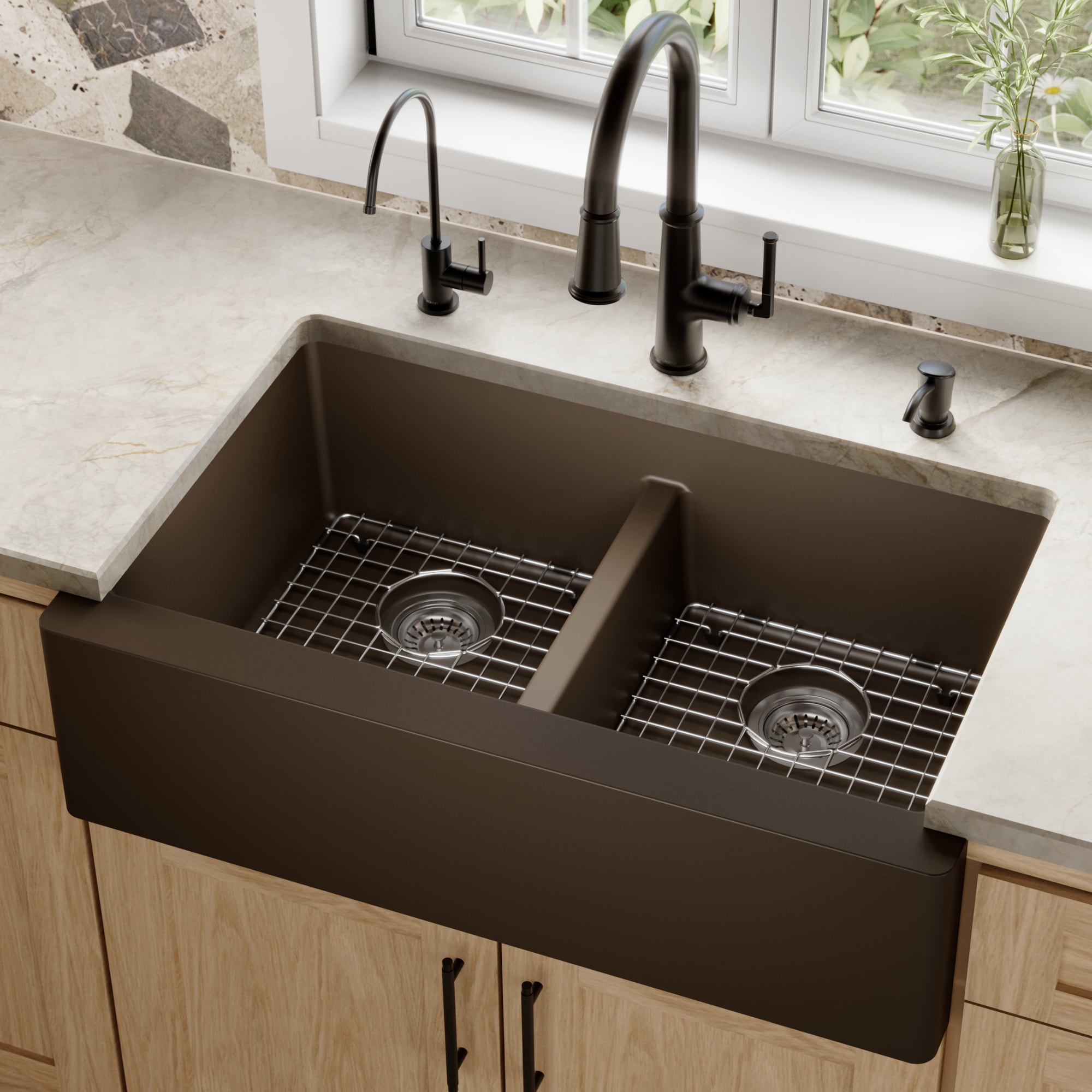 Karran - Farmhouse apron front 34-in x 21.25-in Quartz Double equal bowl Kitchen Sink