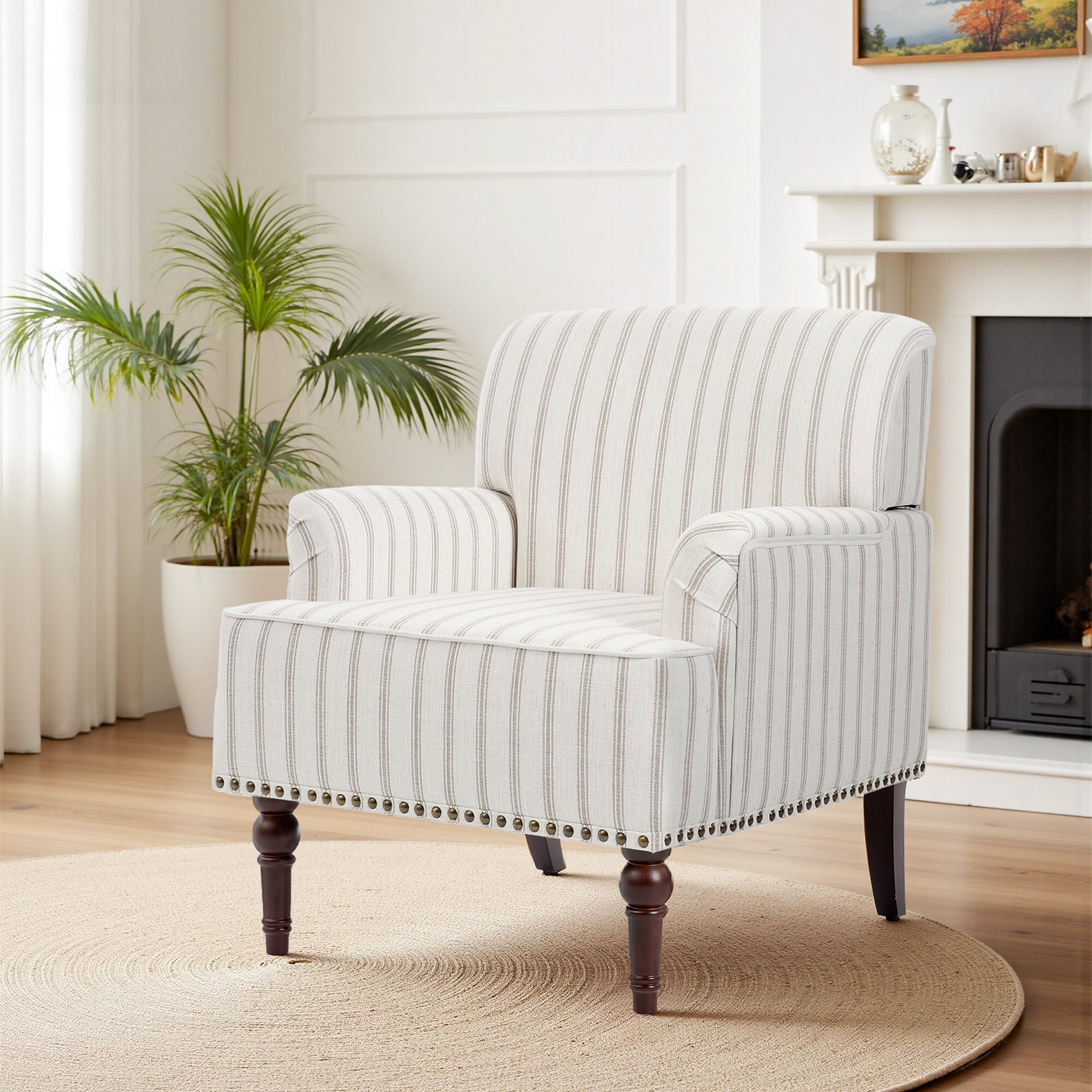 Dreamsidea - Cotton Linen Nailhead Trim Wooden Accent Armchair Chair PINSTRIPE LIGHT BROWN