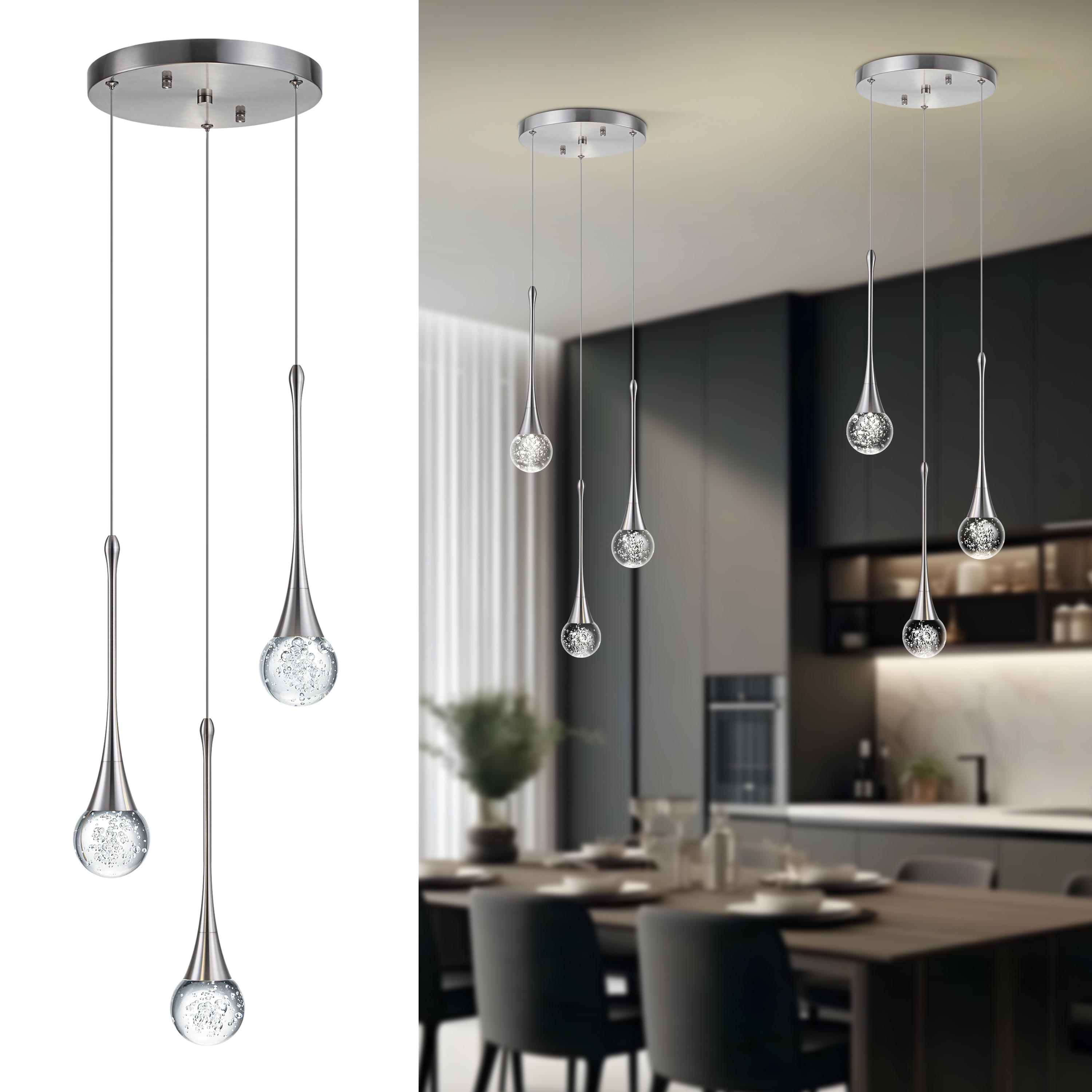 GoYeel 3 -Light Nickel Modern/contemporary Seeded glass Crystal Tiered LED Hanging Pendant Light