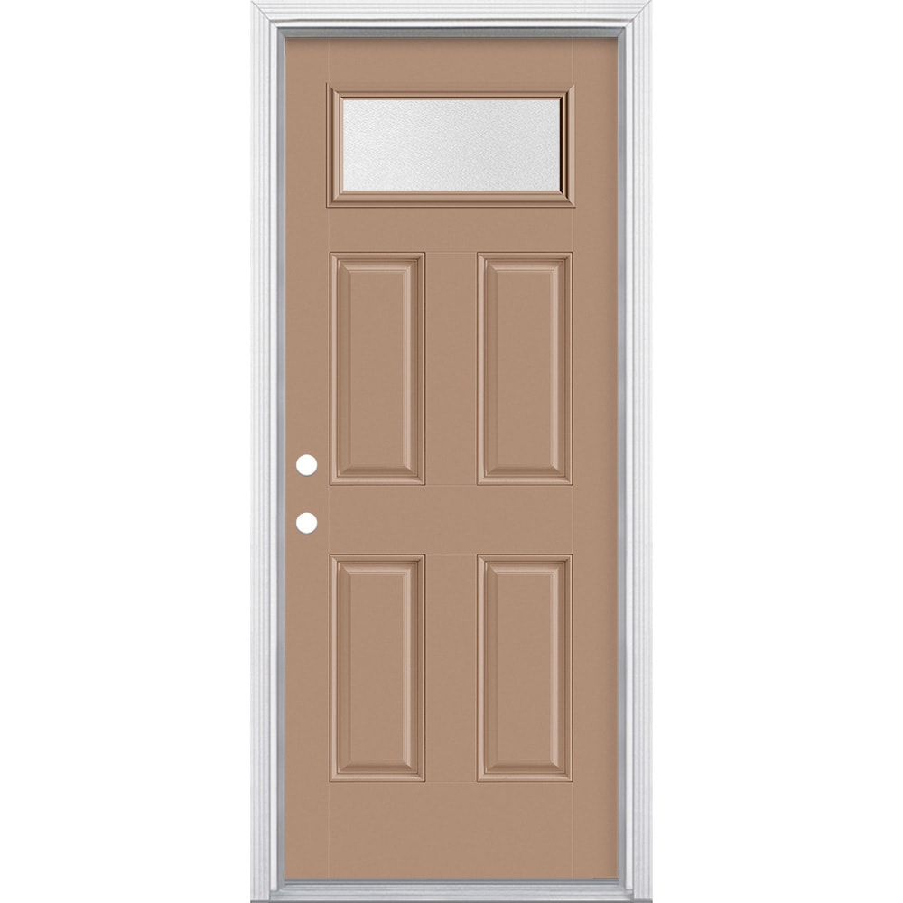 Masonite 628938 Pear Textured Glass 32-in x 80-in x 4-9/16-in Fiberglass 1/4 lite Right-hand inswing Warm Wheat Painted Prehung Front Door with Brickmould Insulating core