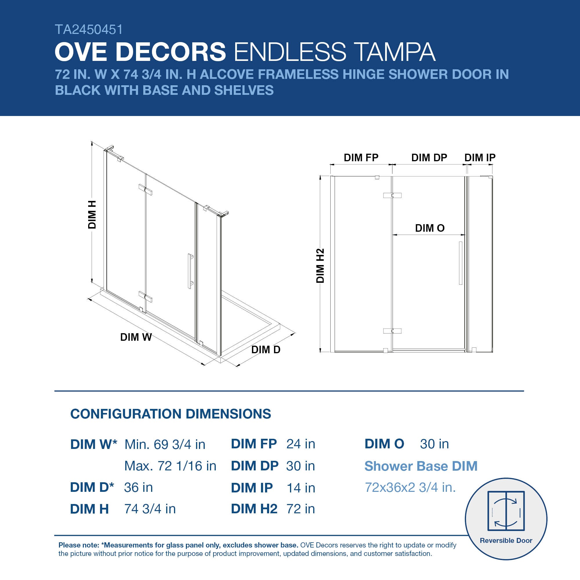 Tampa 72'' Black Frameless Rectangle Shower Kit with Shelves