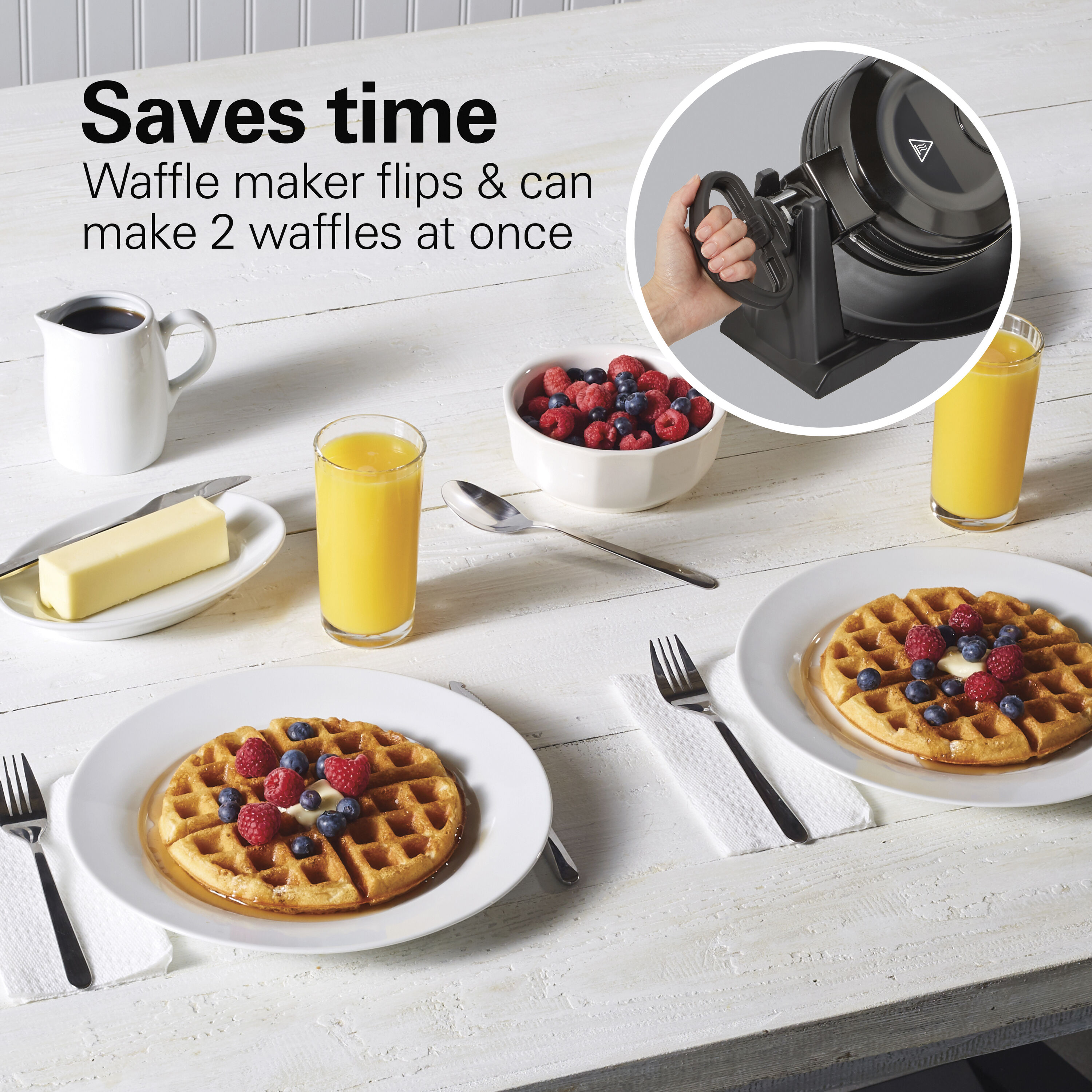 Black Rotating Double Belgian Waffle Maker with Nonstick Plates