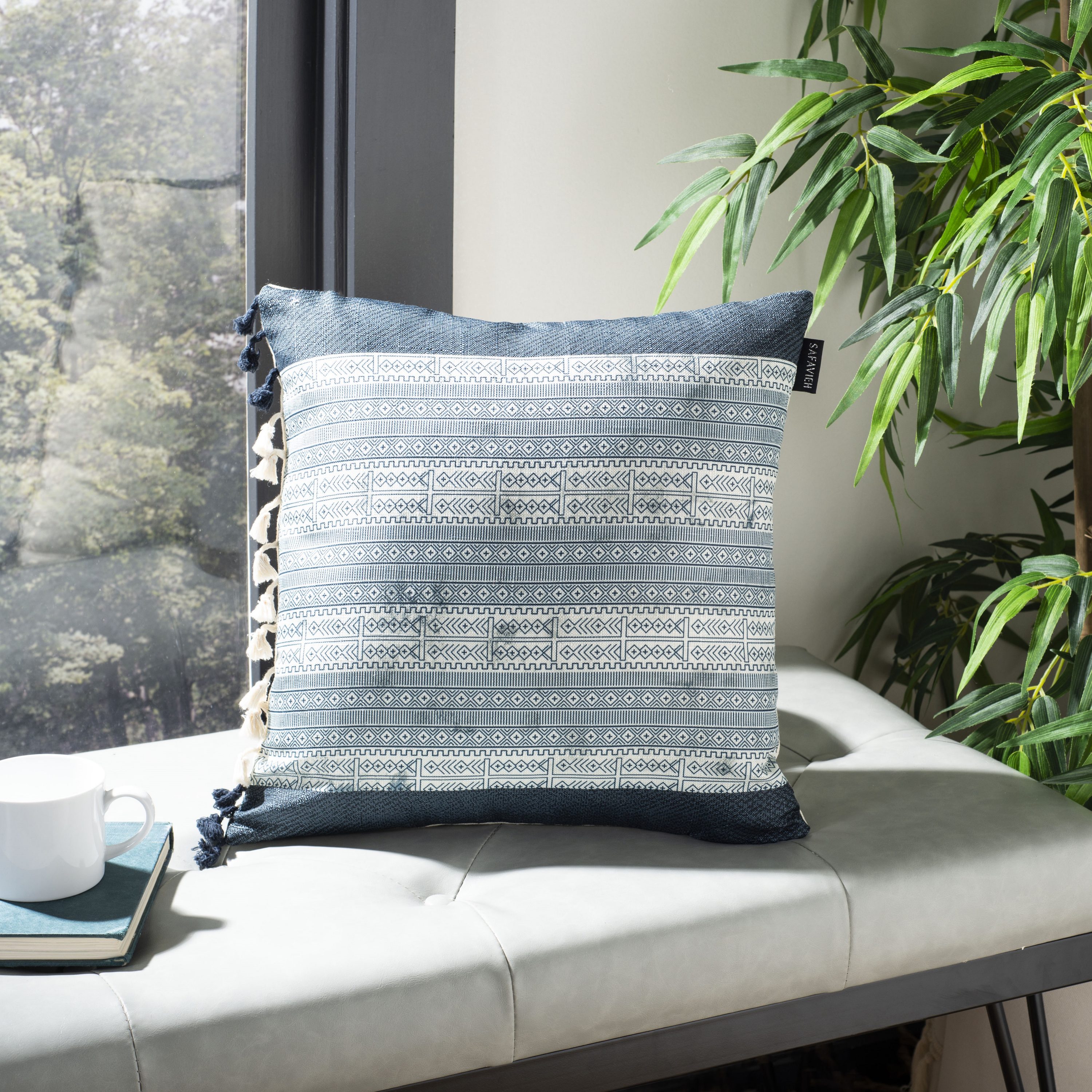 Deep Blue and Gray Geometric Tassel Throw Pillow 16"