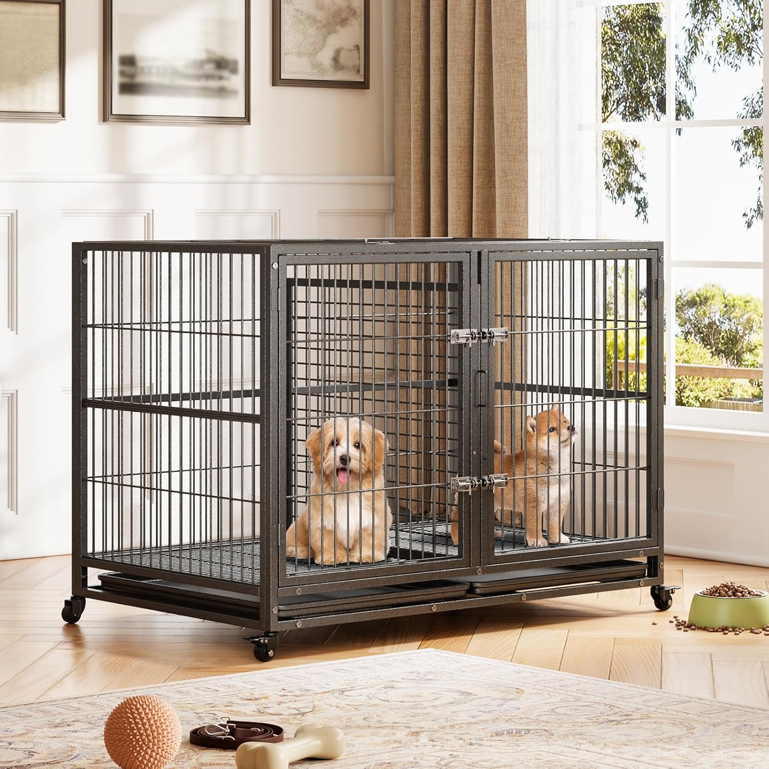 IdealHouse Metal Dog Crate  48 Inch Heavy Duty Dog Crate with Divider  2 Feeding Door and Bowls  Dog Kennel Indoor with Wheels  for 2 Small Dogs  or 1 Large Dog