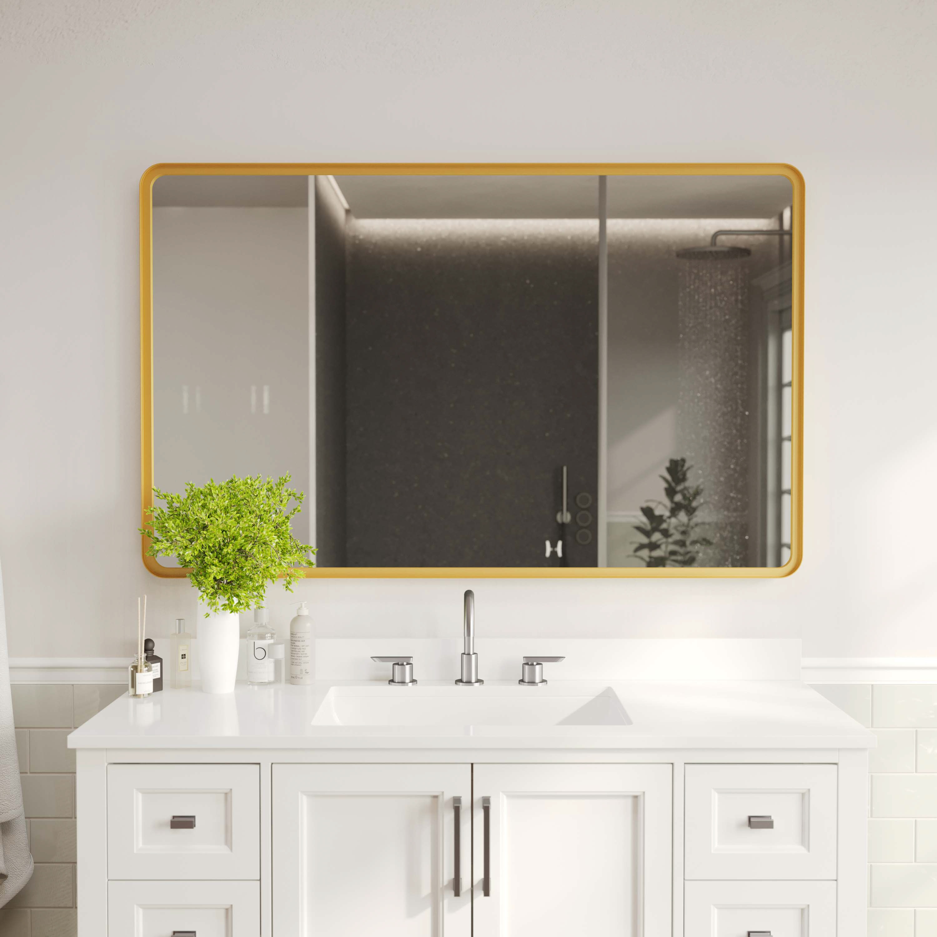 Flash Furniture 196861182730 Ava 48-in x 30-in Metal Deep Framed Wall Mirror - Large Accent Mirror for Bathroom; Entryway; Dining Room; and Living Room in Gold