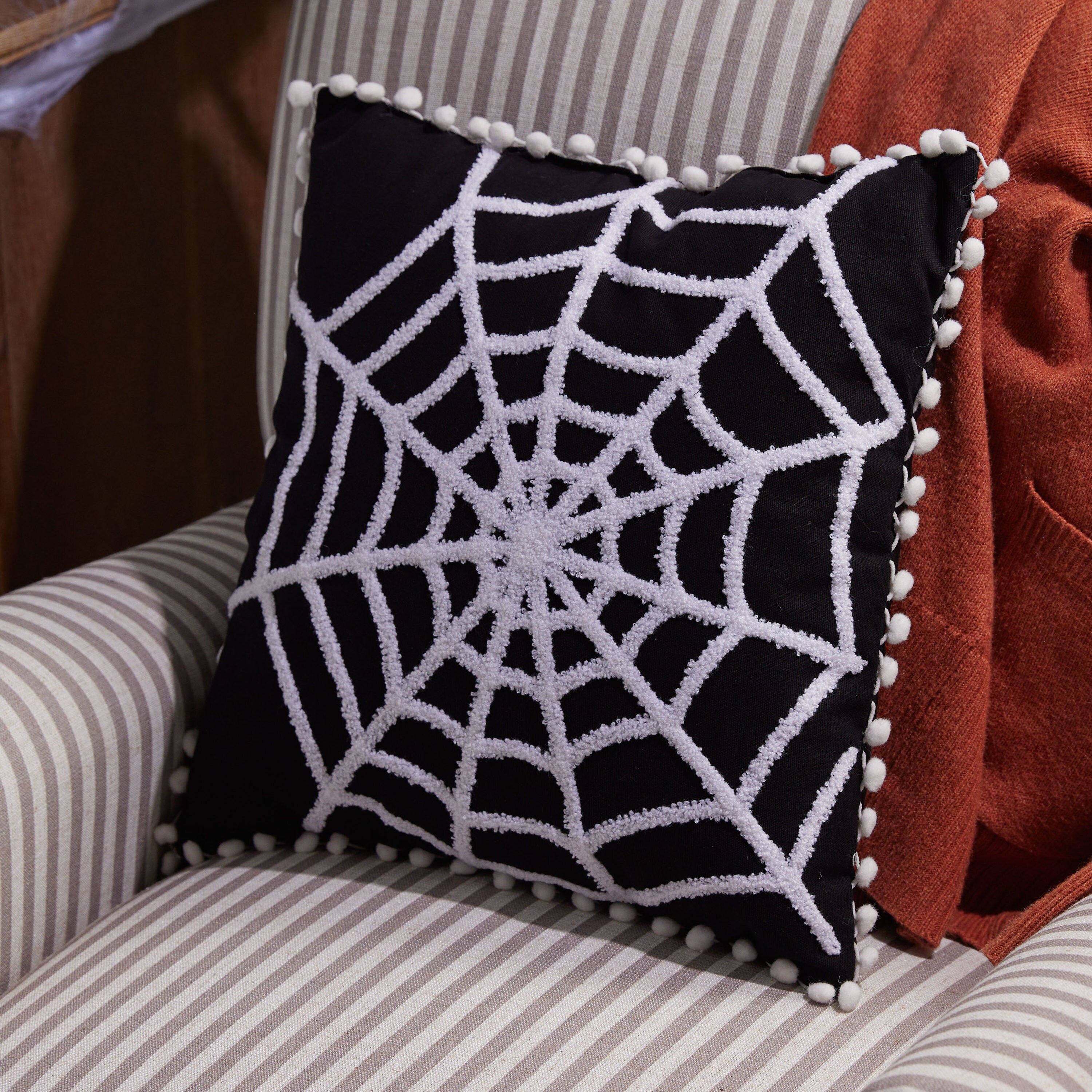 Hand Tufted Halloween Pillow Cover,ghosts Embroidered Cushion Cover,fall  Holiday Home Decor Rug,spider Web Spooky Season Gifts,16x16 Pillow 