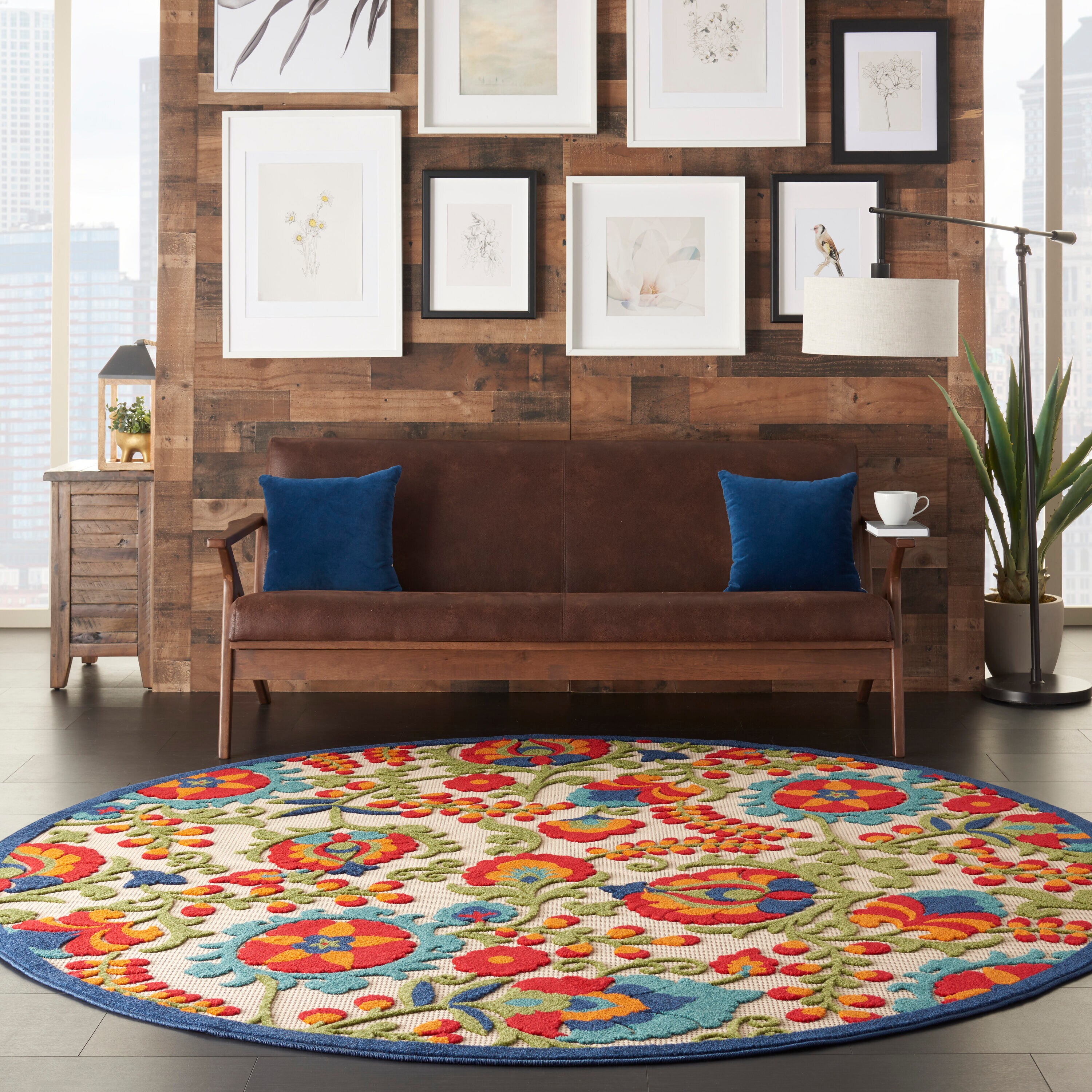 Nourison 99446215888 Aloha 8 x 8 (ft) Polypropylene Multicolor Round Indoor/Outdoor Abstract Farmhouse/Cottage Area rug