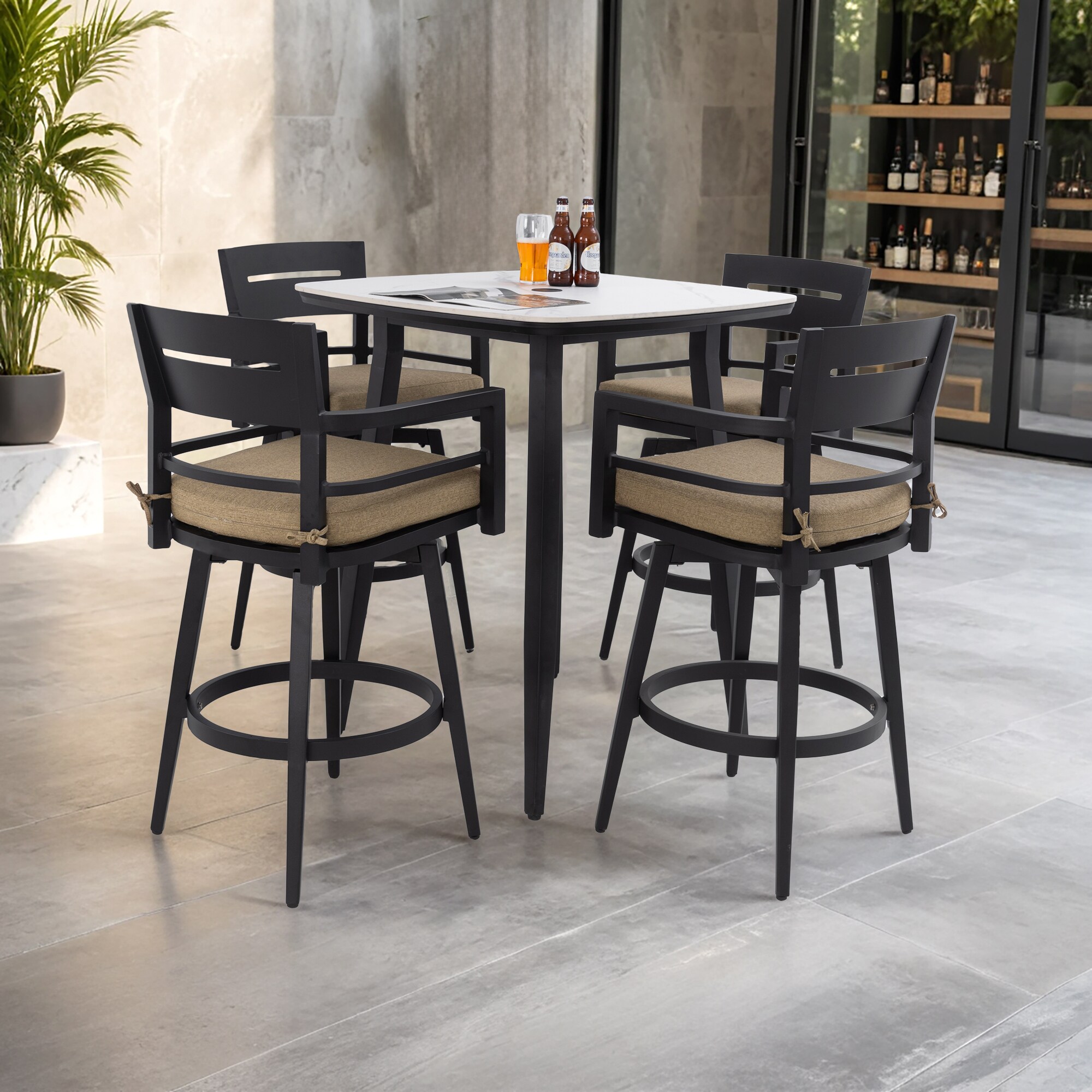 GDFStudio Modern 5-Piece Non-Rust Aluminum Frame Sunbrella Patio Bar Set with 4 Swivel Bar Chairs and Rounded Marble Look Sintered Stone Table - Ember Black