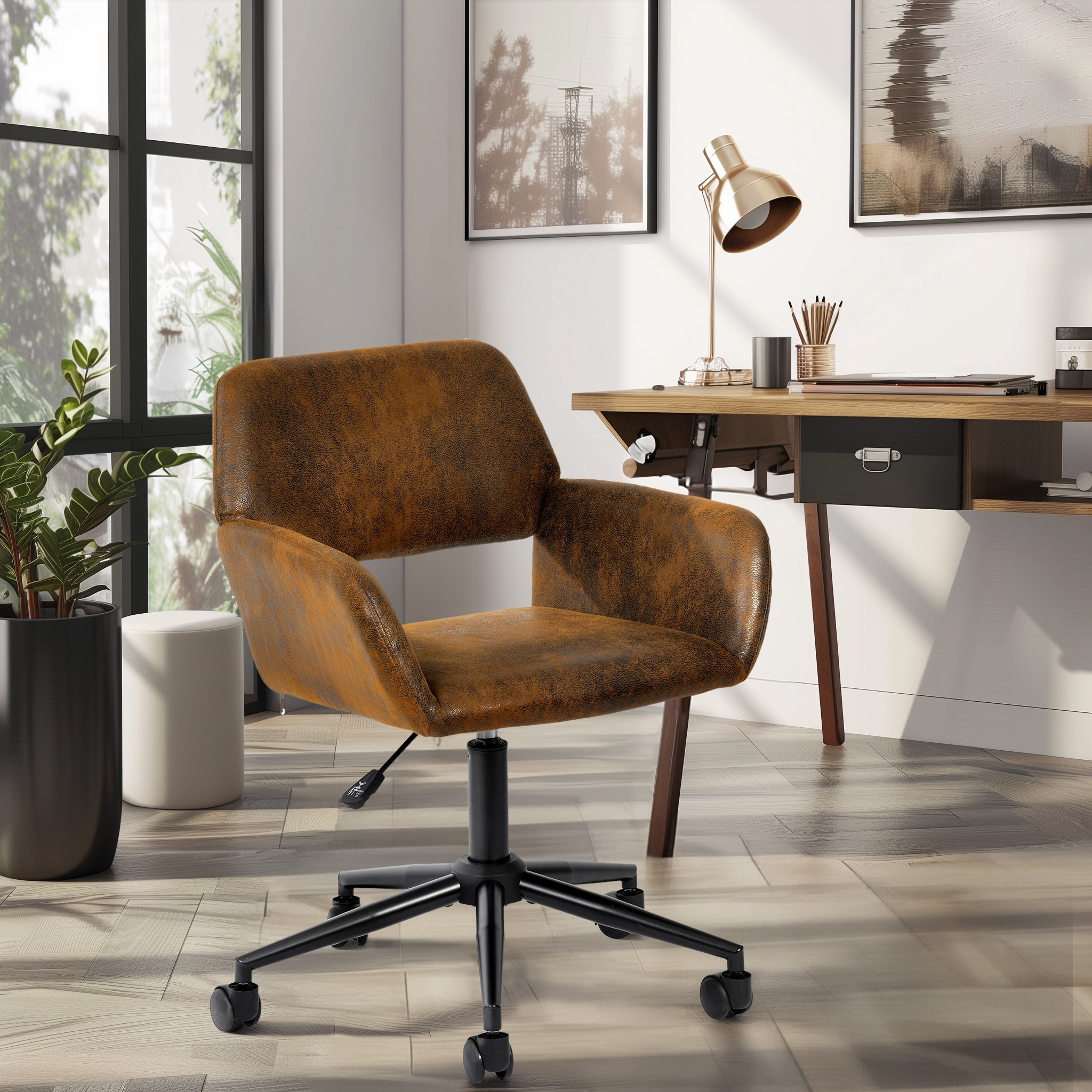 Homy Casa ROSS SUEDE Modern Adjustable Swivel Office Chair with Armrests Upholstered Mid Back Task Chair for Home Office Brown