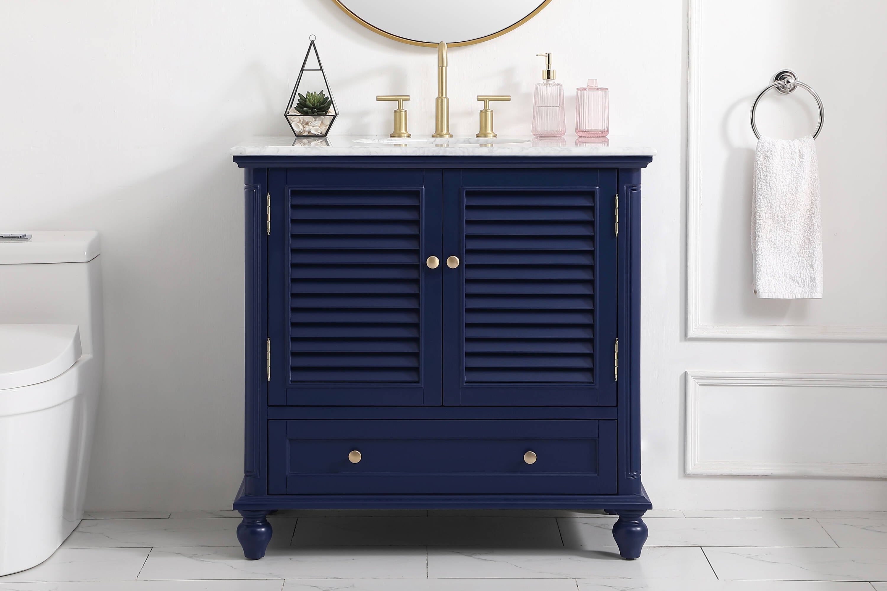 Rhodes 36" Blue Solid Wood Single Bathroom Vanity with Marble Top
