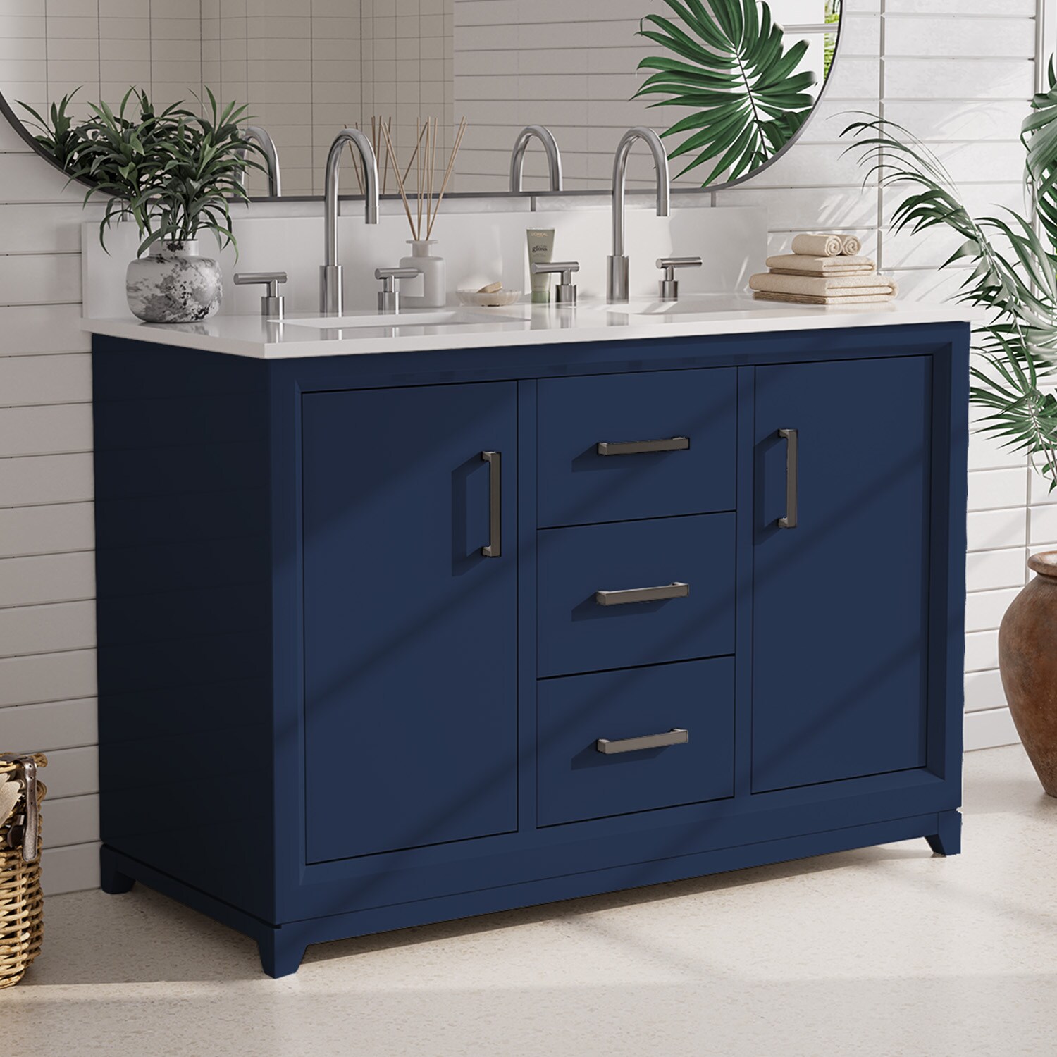 VOUA SAF-DXDRZJ4-YE 48-in Blue Double Sink Bathroom Vanity with White Ceramic Top
