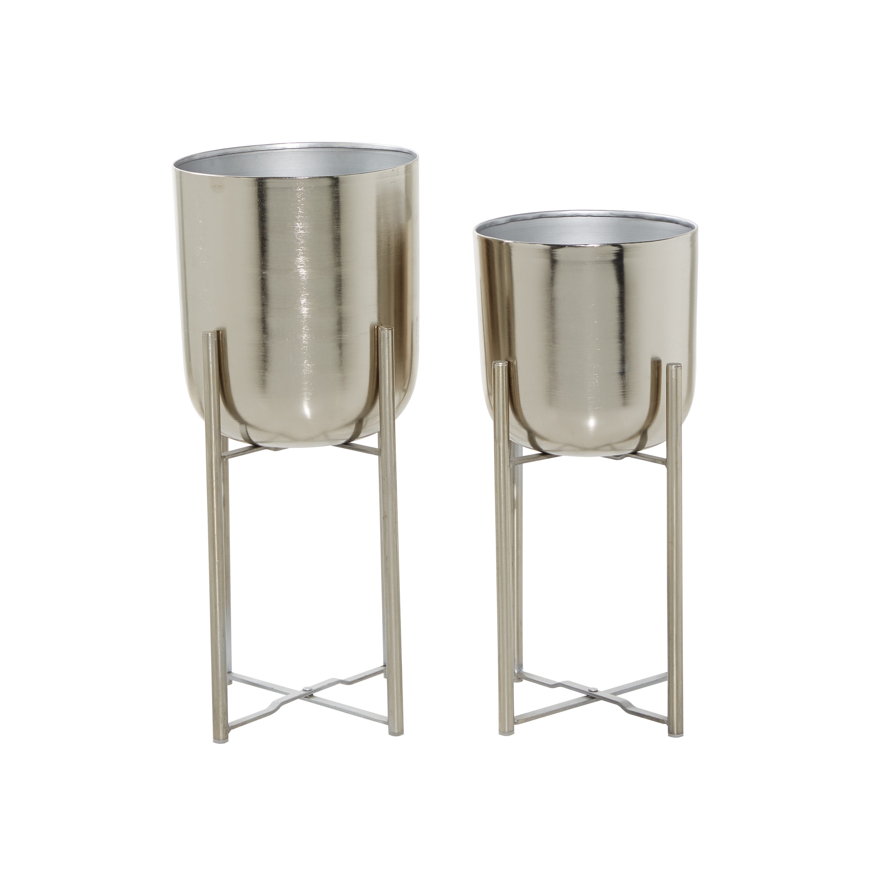 Silver Metal Indoor Outdoor Planter Set with Removable Stand, 19" and 22"