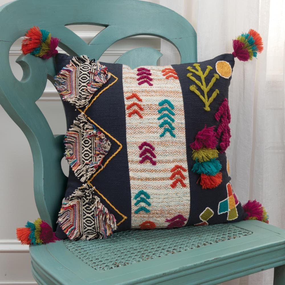 Multi-Color Embroidered Cotton 20'' x 20'' Pillow with Tassels