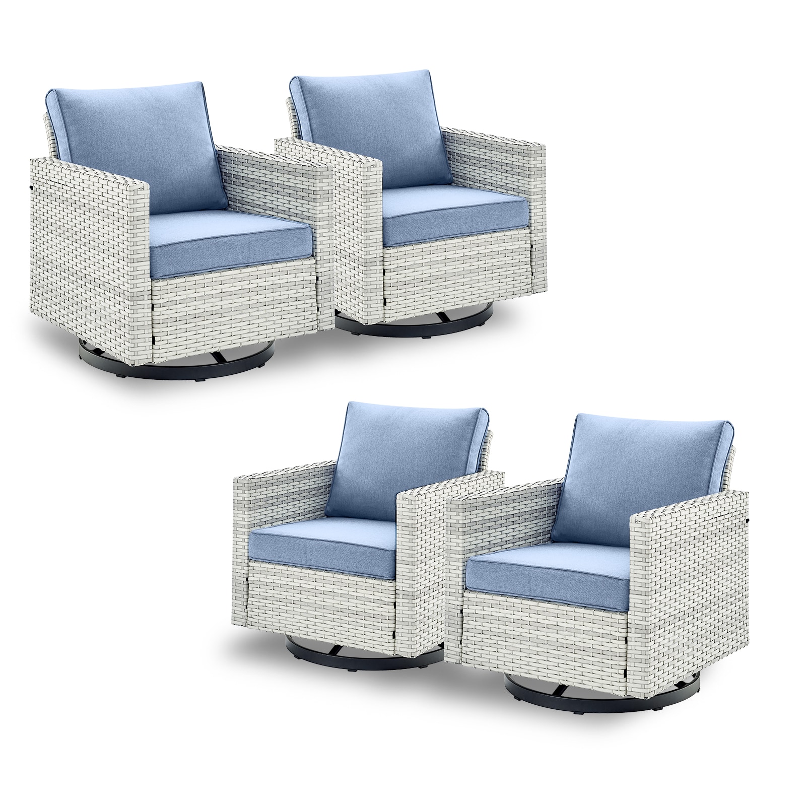 Rilyson FS084X4-BB U-Feet Set of 2 Wicker Light Beige Wicker Frame Swivel rocker Rocking Chair with Blue Light blue Cushioned Seat