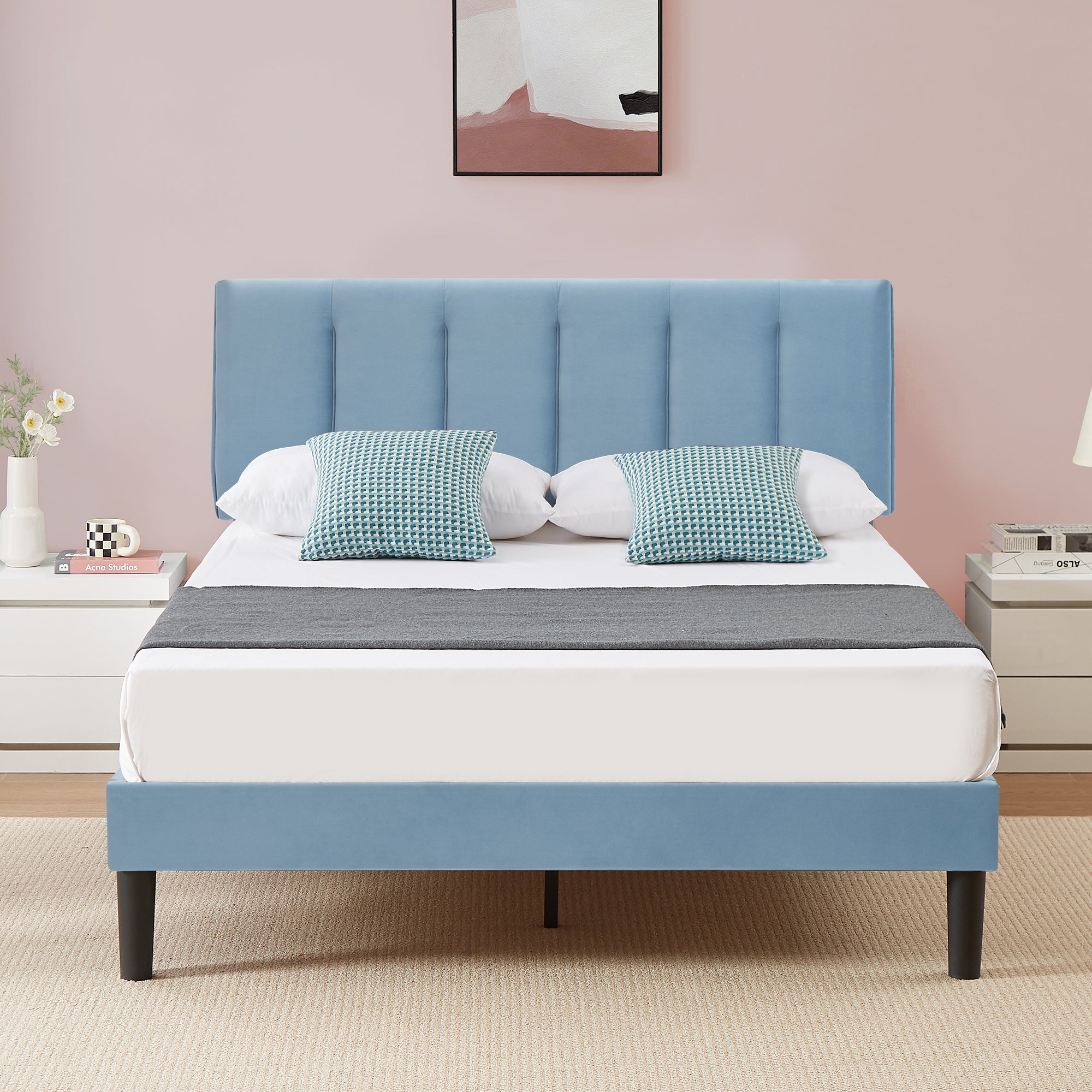 Vecelo LOE-CY-FB04-LBLU Full Bed Frame with Upholstered Adjustable Headboard Heavy Duty Platform Bed Frame with Strong Wooden Slats Support Light Blue