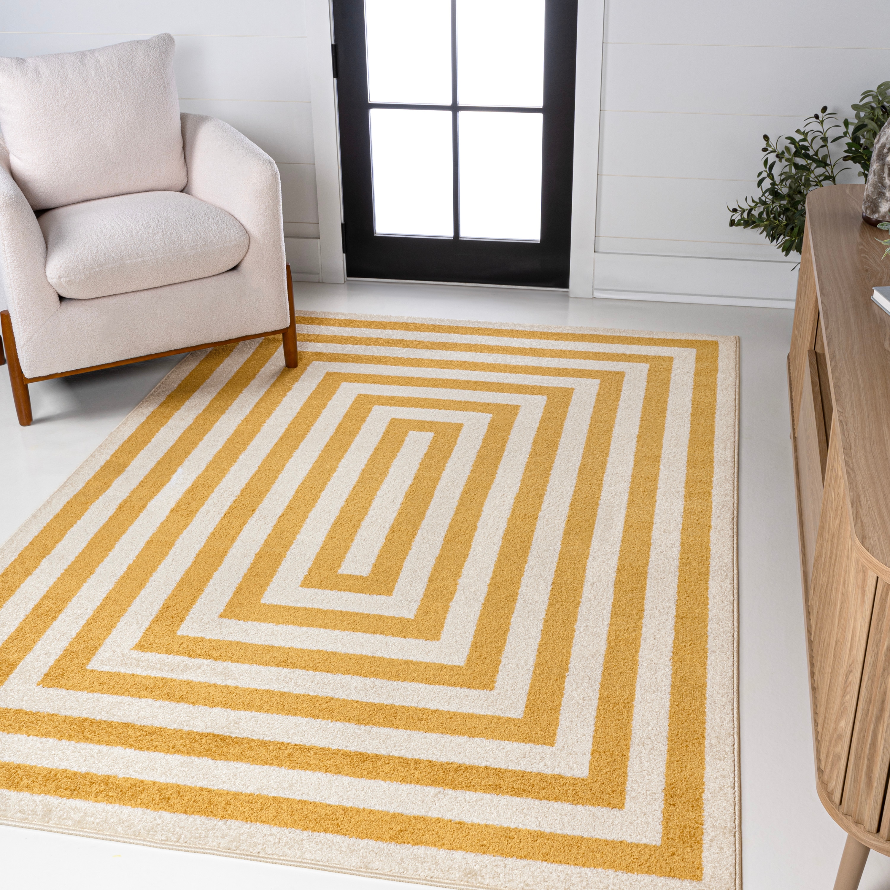 JONATHAN  Y MOH211G-4 MOROCCAN HYPE Bandol Mitre Stripe 4 x 6 (ft) Loomed Yellow/Ivory Rectangular Indoor Stripe Mid-Century Modern Pet Friendly Area rug
