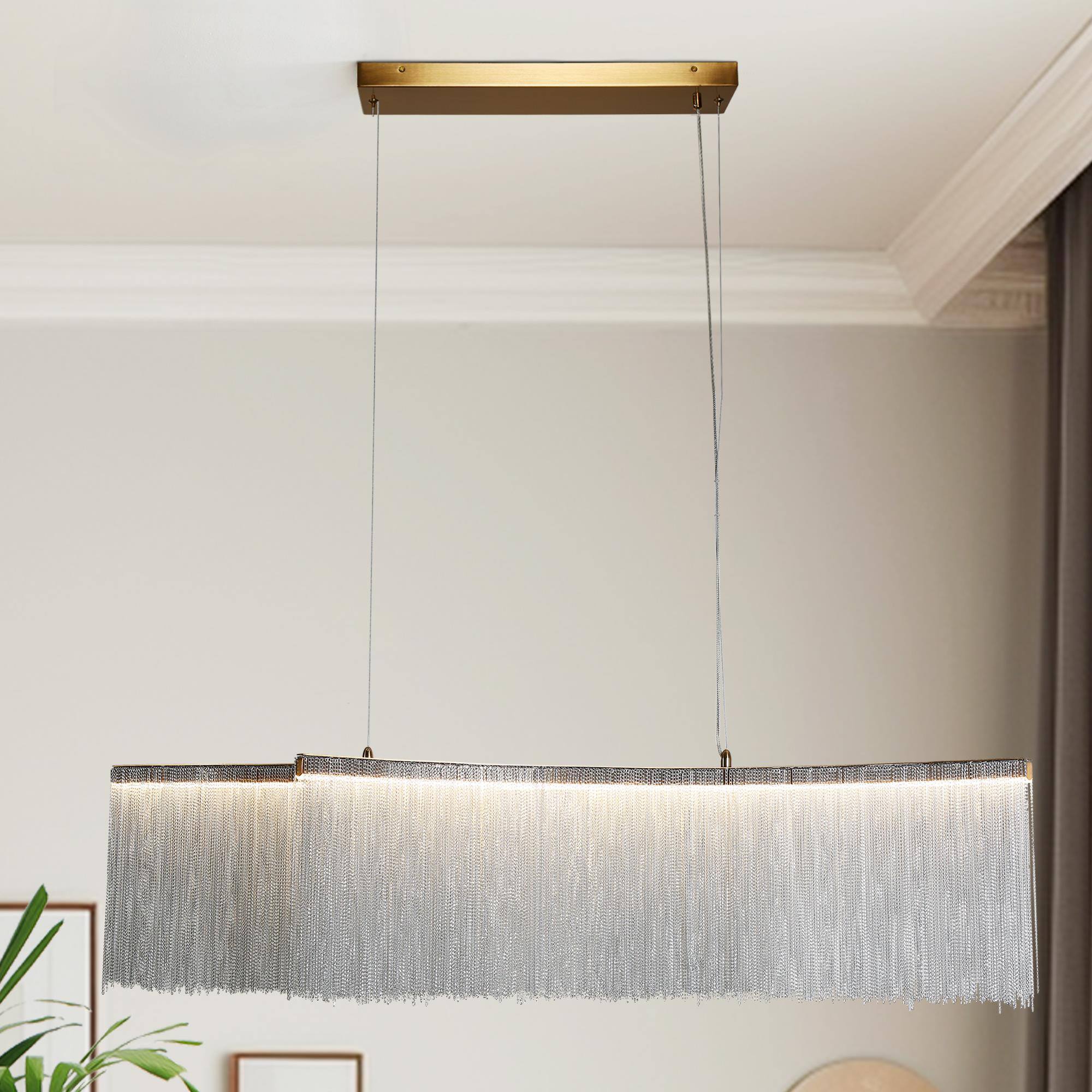 LNC HA05272 Siouxfalls 49.4'' 2 -Light Polished Gold and Chrome Sliver Chain Modern/contemporary Linear Integrated LED Large Hanging Kitchen island light