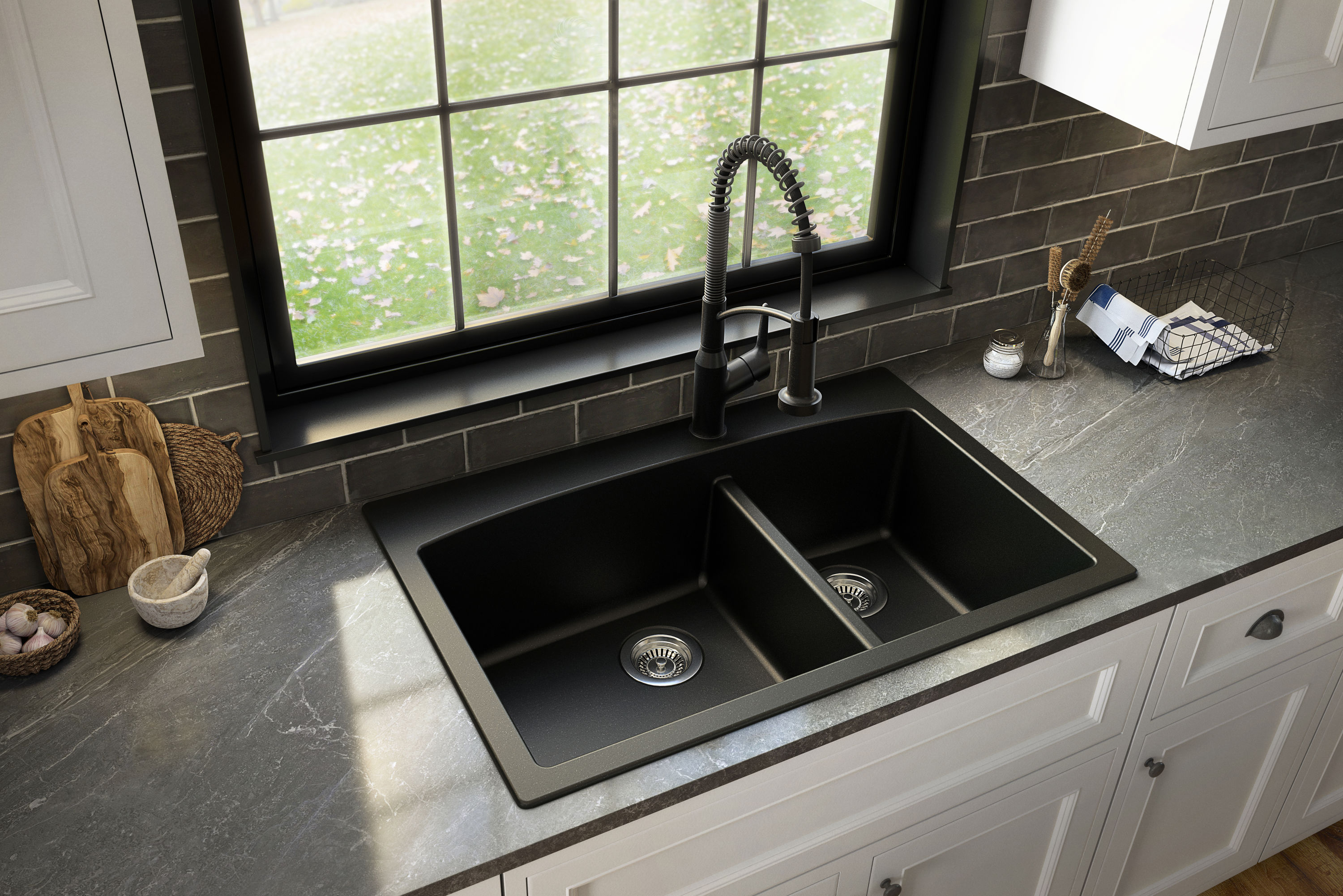Karran QT-711-BL Drop-in 33.0-in x 22.0-in Quartz Double offset bowl 1-Hole Kitchen Sink