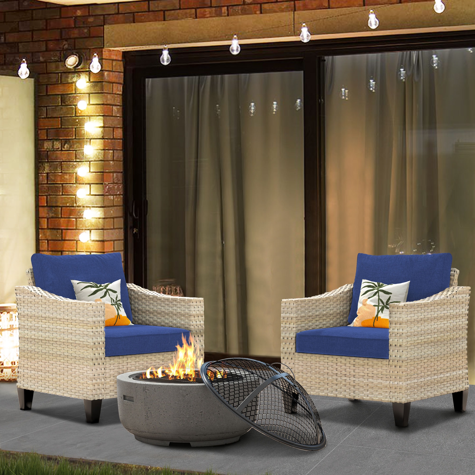 Pouuin SDAR702 3-Piece Rattan Patio Conversation Set with Blue Cushions