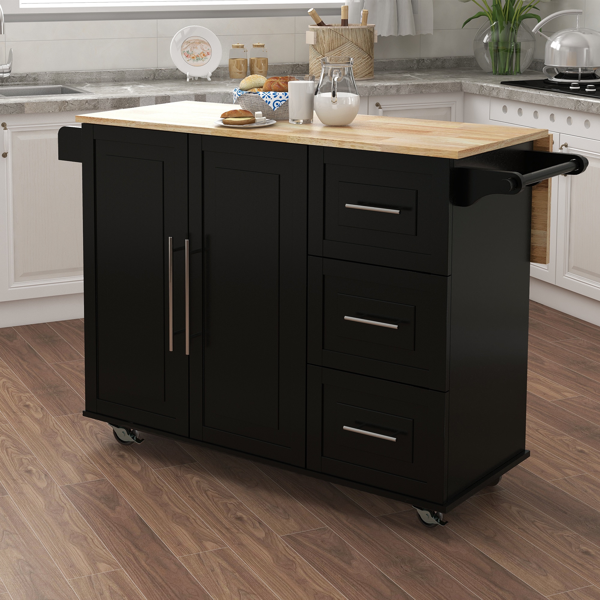 BABOOM Black Mdf Base with Wood Top Rolling Kitchen Island (16.93-in x 53.54-in x 36.02-in)
