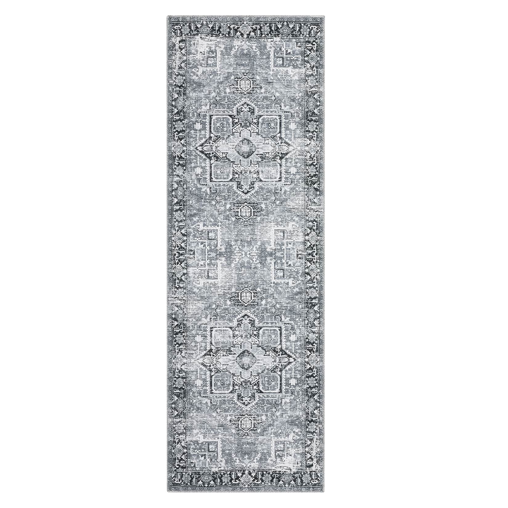 Qeetex LSN-PHO-0YGA8F5D 2 x 6 ft Polyester Green Rectangular Hallway Bathroom Entryway Kitchen Office Foldable Flower Printed Persian Washable Area Rug