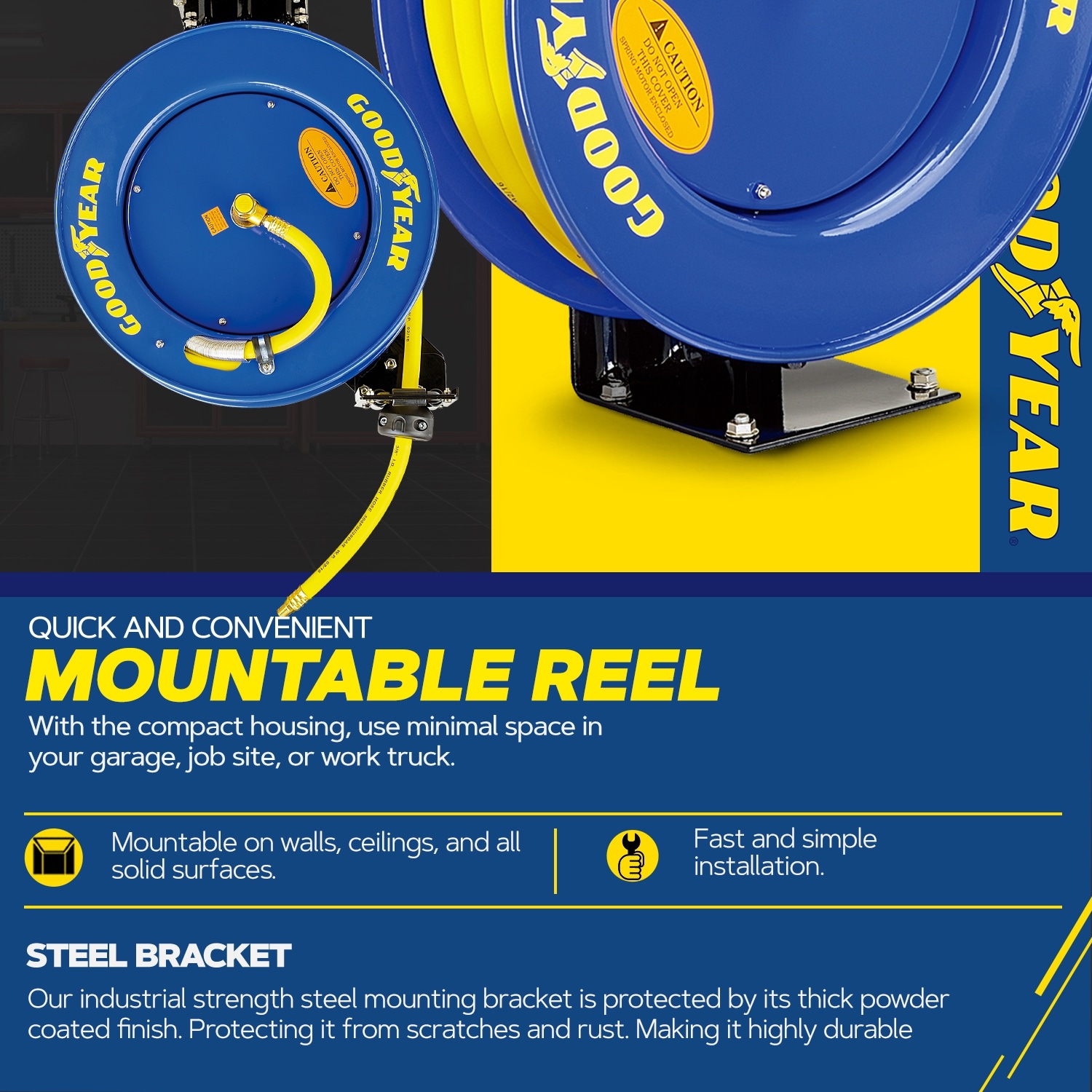 Goodyear L815153G Steel Retractable Air Compressor/Water Hose Reel with 3/8  in. x 50 ft. Rubber Hose, Max. 300PSI