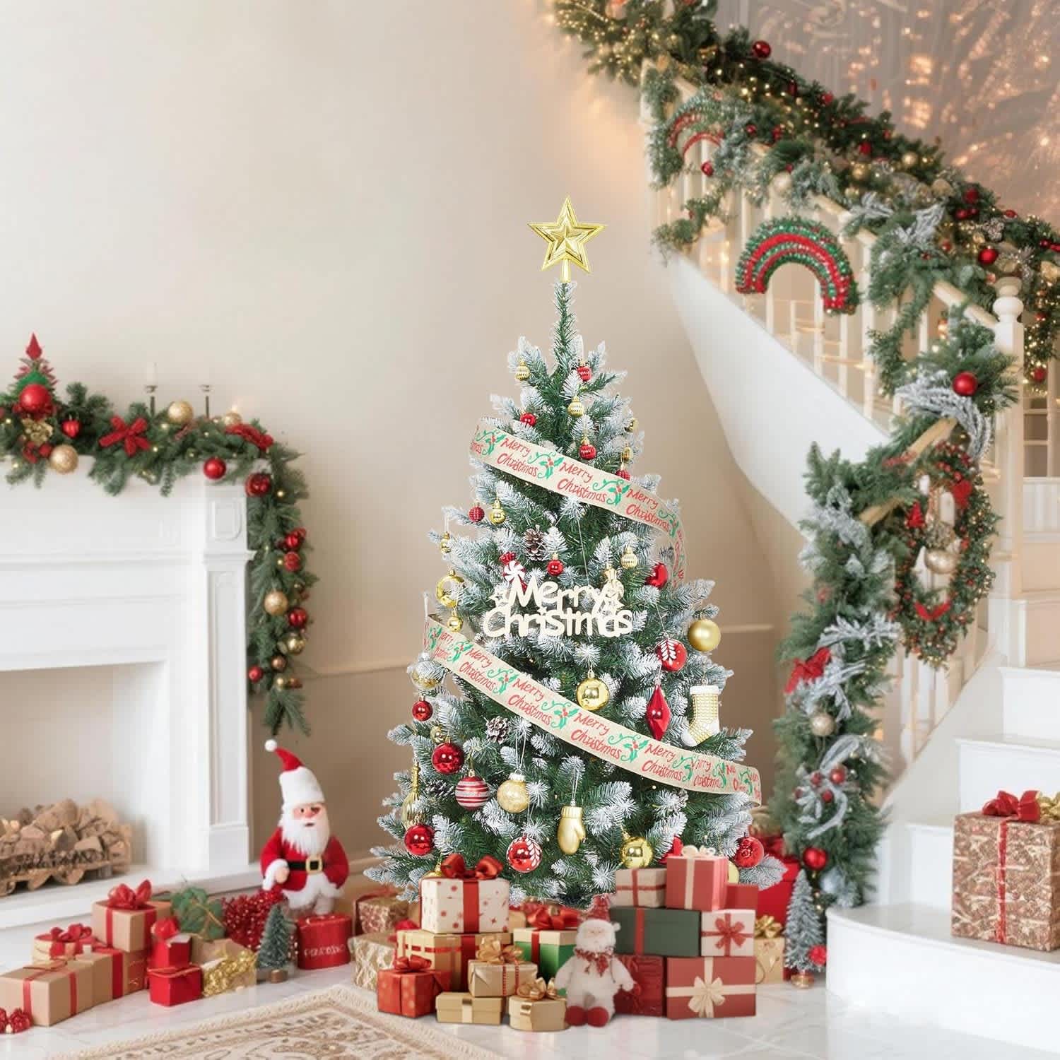 Qeetex LSACT-QH-35JLHP7H 6FT Pre-Lit Christmas Tree Artificial Christmas Pine Tree with White Snow Pine Neddle Branch Tips and Pine Cones