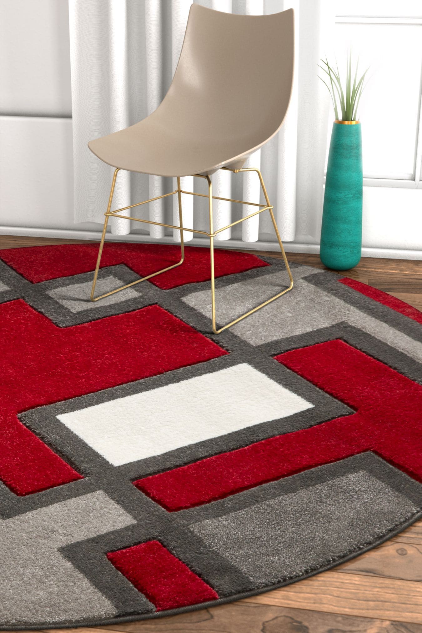 Well Woven 600900 5 x 5 (ft) Loomed Polypropylene Red Round Indoor Abstract Mid-Century Modern Area rug