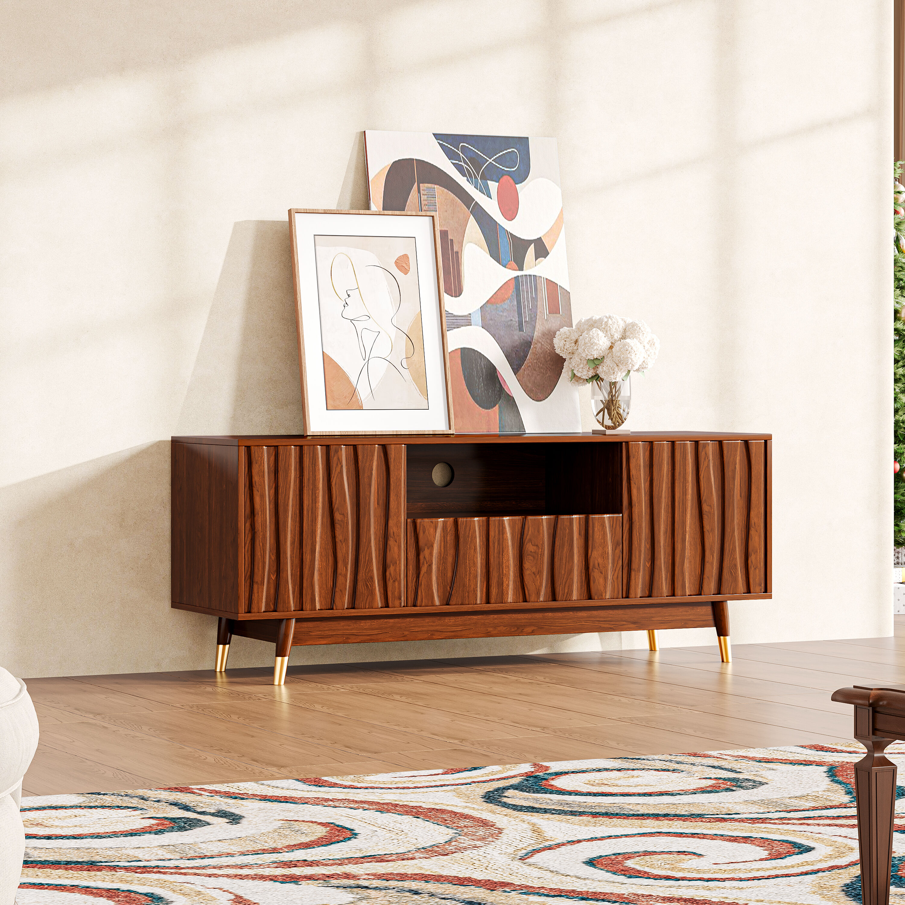 ATJafurn 55.1-in W Mid Century Modern TV Stand with Geometric
