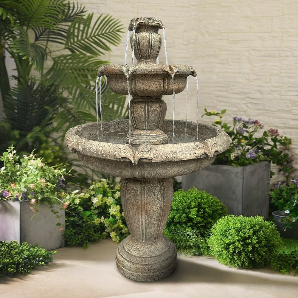 Watnature 48-in H Concrete Tiered Outdoor Fountain With Birdbath Pump 