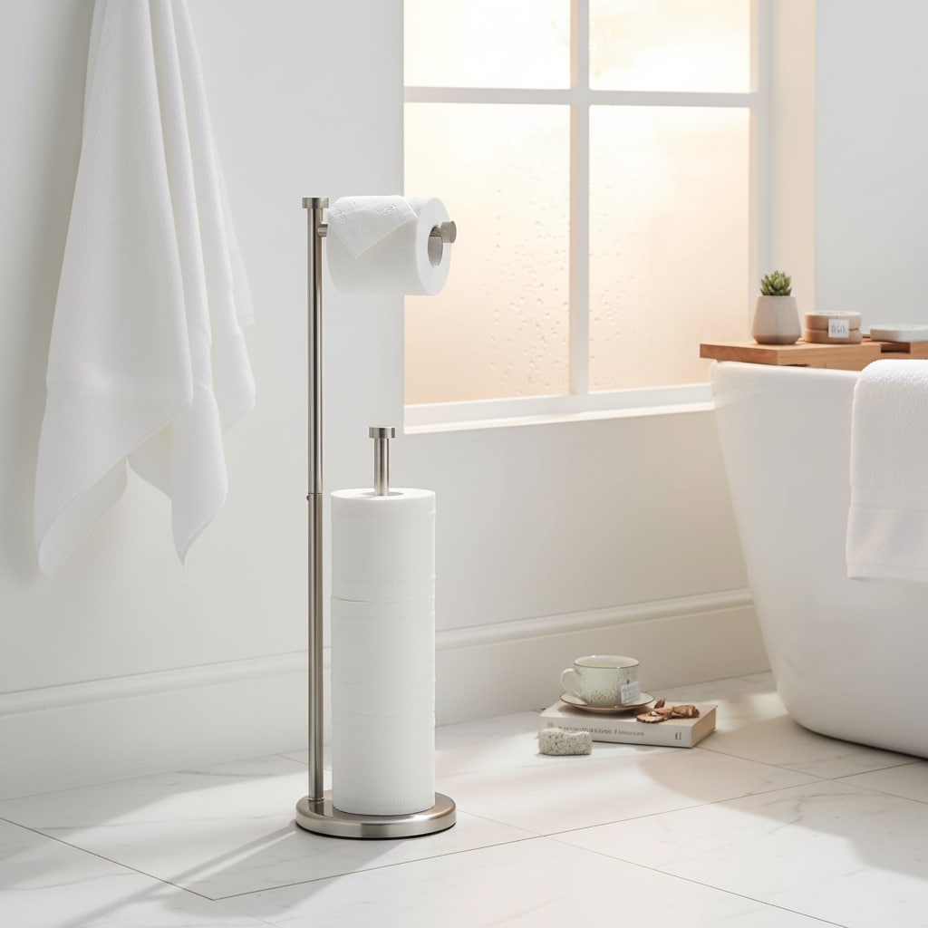 Paradigms Interiors Freestanding Toilet Paper Holder with Weighted Base Holds 3 Jumbo Rolls Stain Nickel Finish Heavy Duty Stand