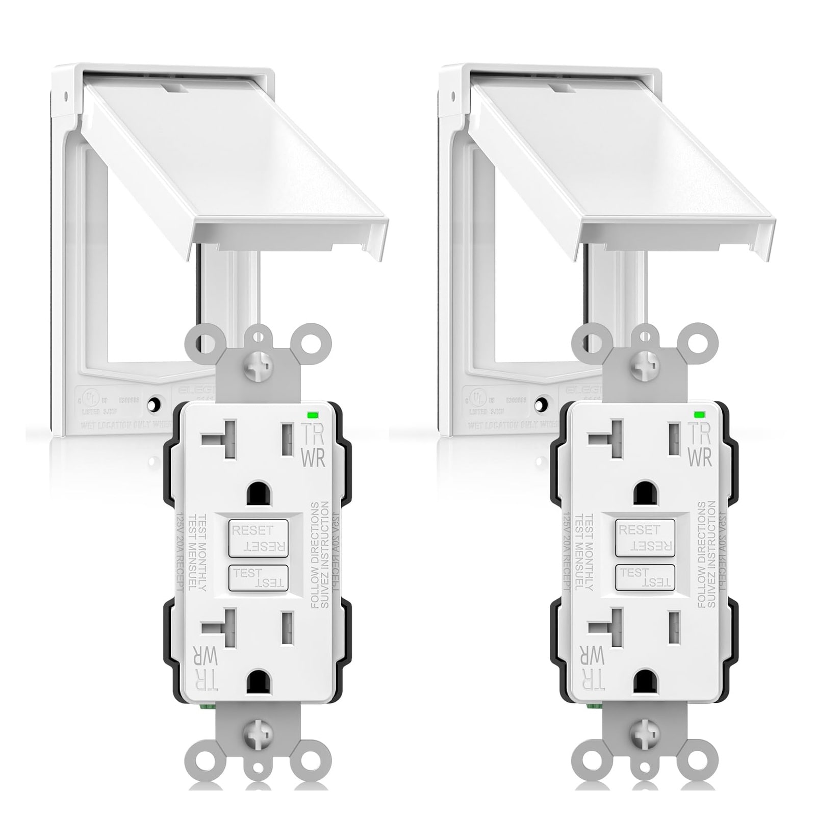 ELEGRP Oyezvary Outdoor GFCI Electrical Outlet with Weather Resistant Cover 20 Amp Self Test Ground Fault Receptacle Matte White 2 Pack #LOZ0819O037