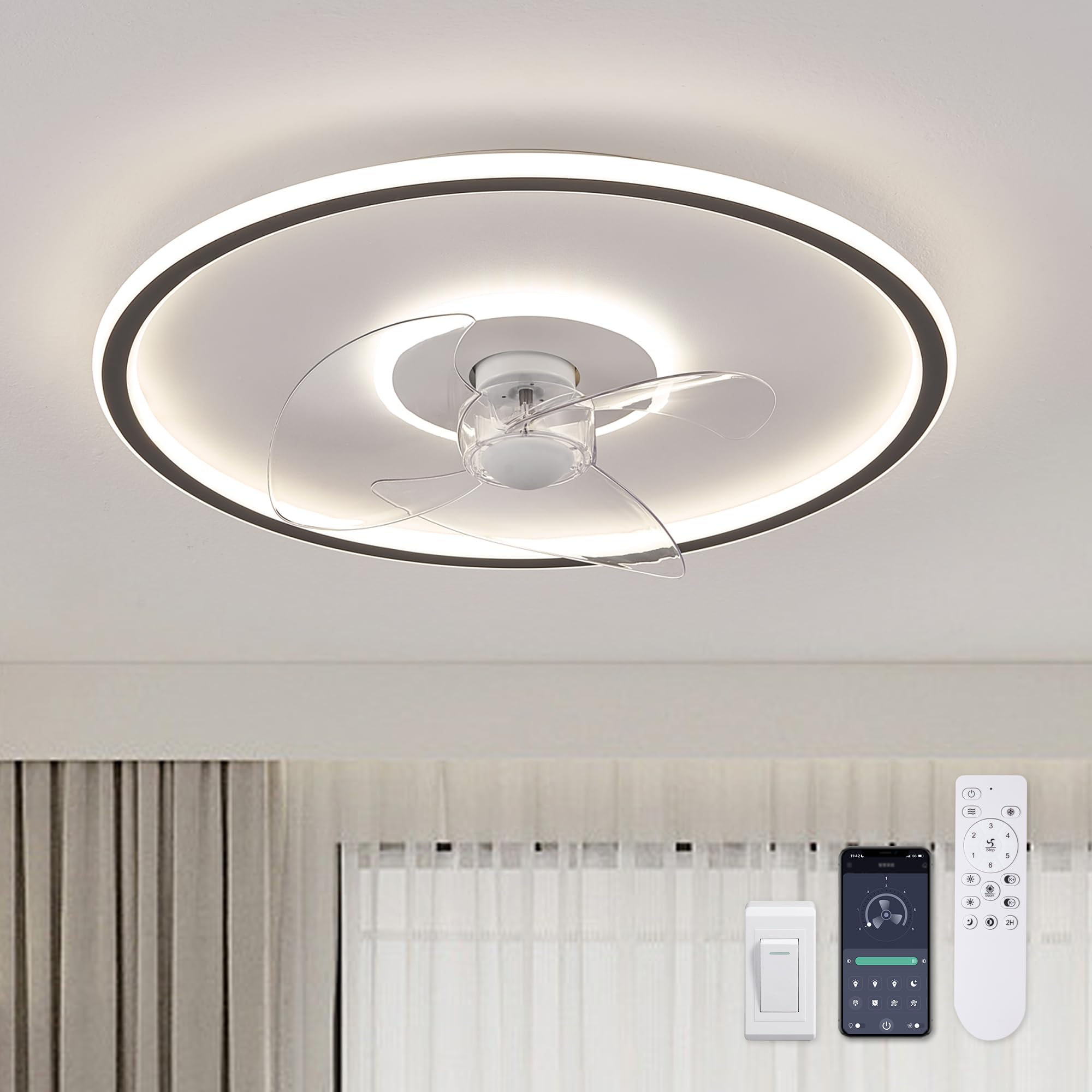 SILJOY YB-1132-01 Flush mount Ceiling Fan with Light and Remote Control Include