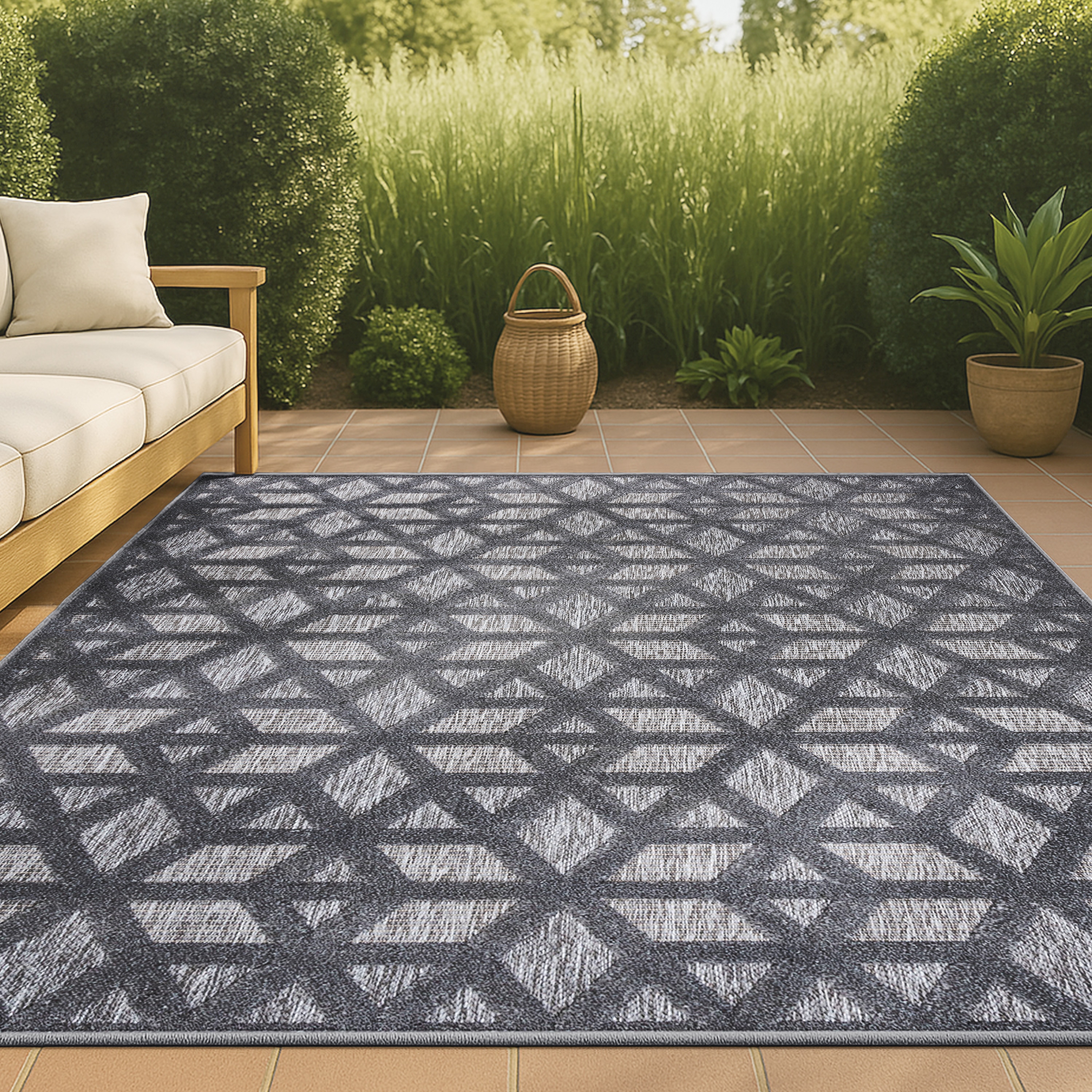 JONATHAN  Y IBZ102A-5 IBIZA Talaia Neutral Geometric 5 x 8 (ft) Loomed Polypropylene Dark Gray Rectangular Indoor/Outdoor Geometric Bohemian/Eclectic Area rug