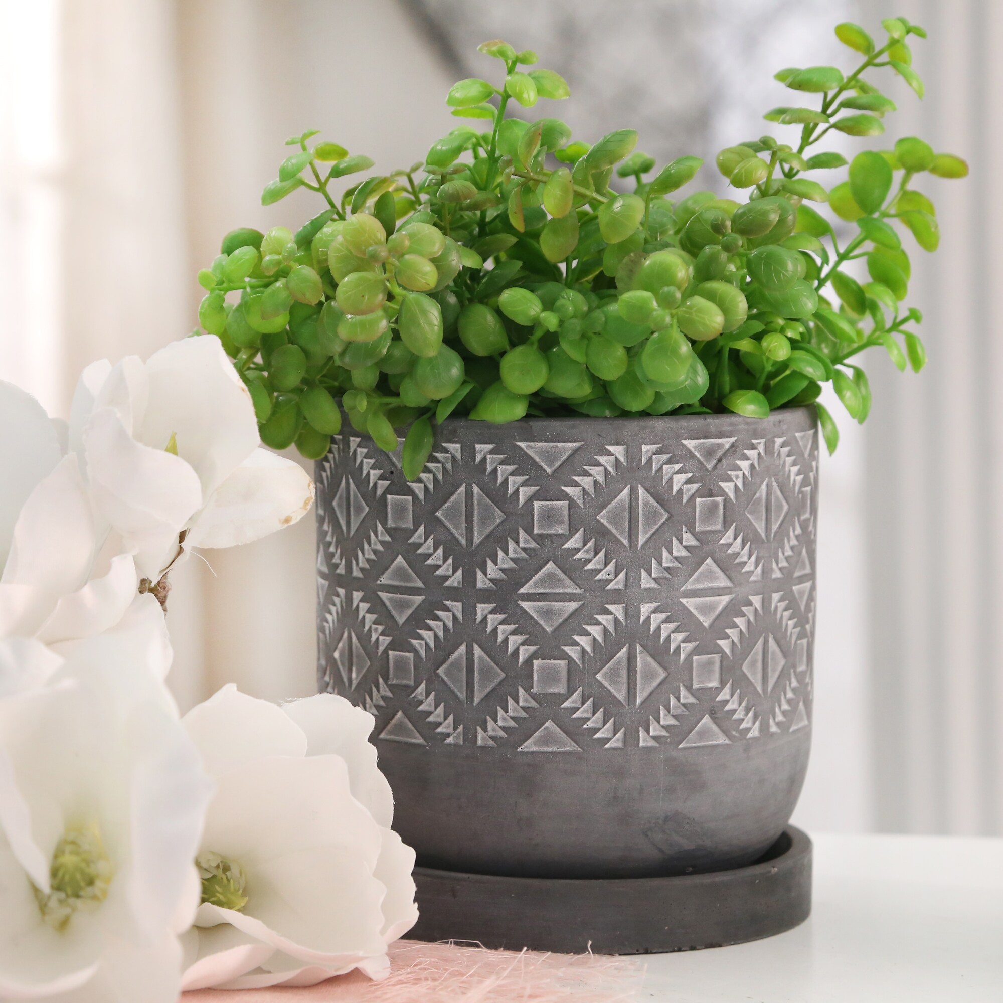 Sagebrook Home 14768-01 Round 5.71-Inches W Small Gray Cement Indoor/Outdoor Planter with Drainage Holes Attached Saucer
