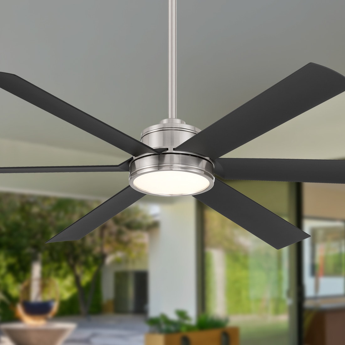 Minka Aire F897L-BNW/CL Cairo 65-in Integrated LED Outdoor Smart Brushed Nickel Wet with Coal Black Blades Ceiling Fan With Light and Remote ( 6 -Blade )