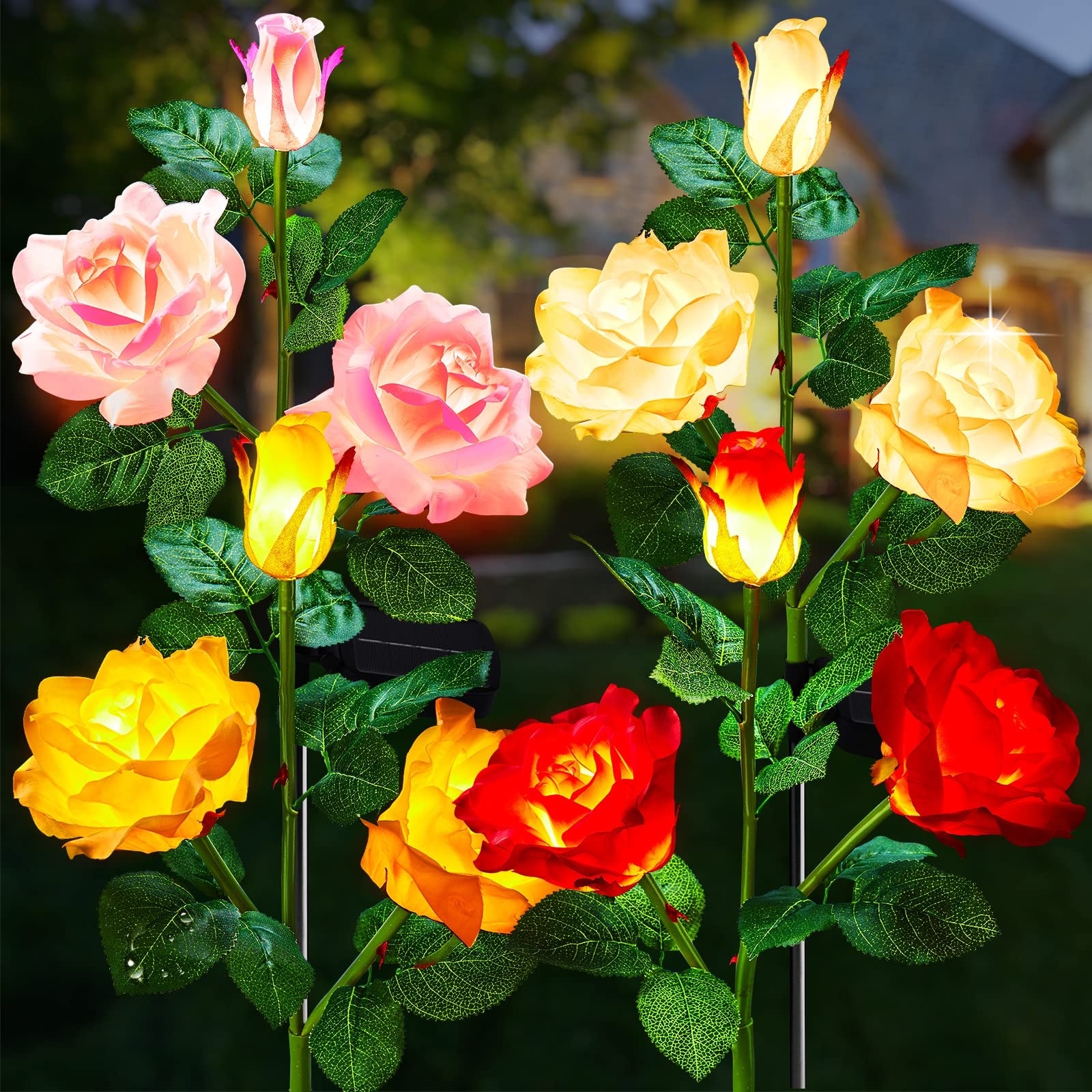 Oyezvary  Outdoor Solar Garden Lights 4 pack LED Flower Lights Realistic Rose Waterproof Yard Patio Pathway Decor Adjustable Stems All Weather