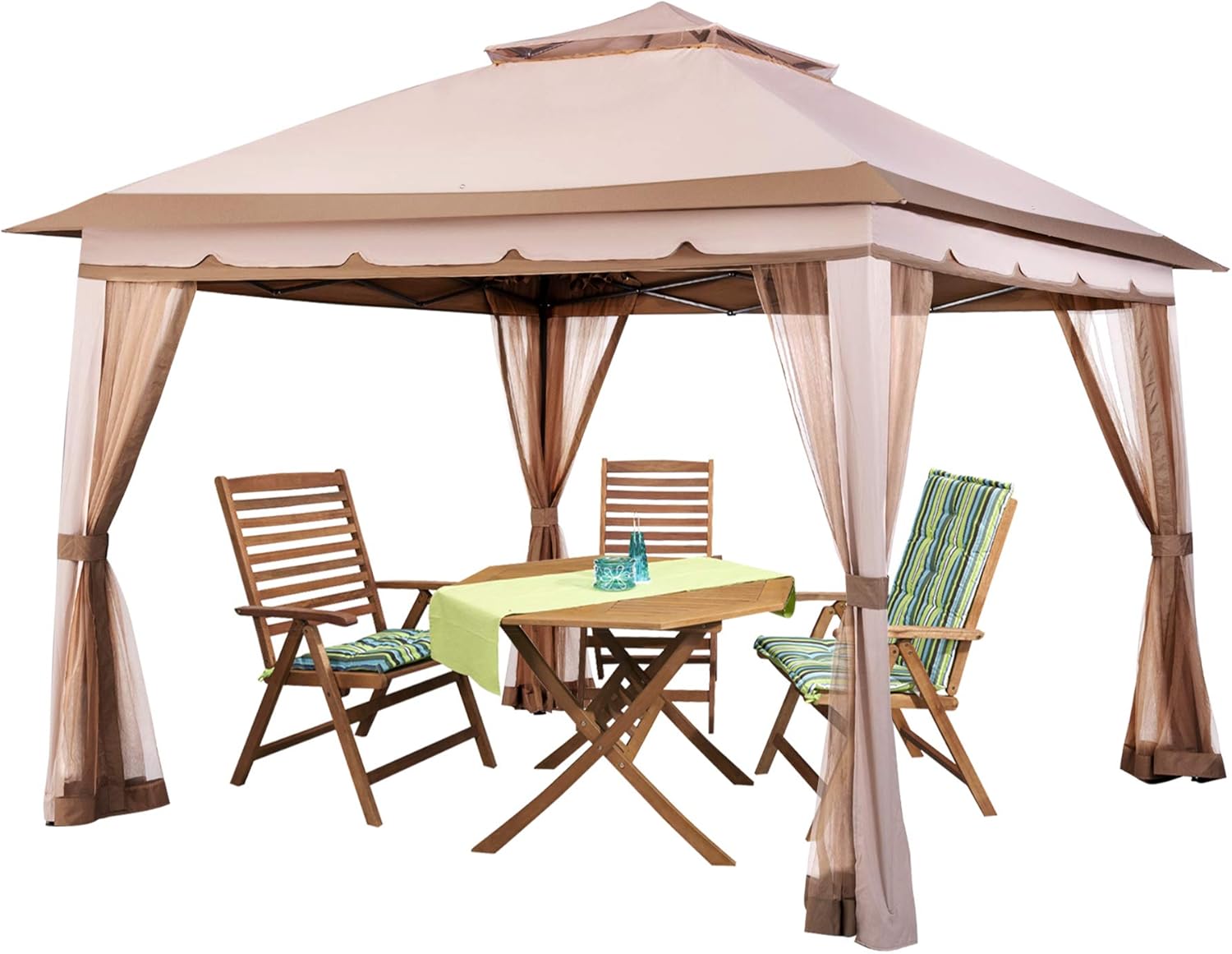  B08S2W2G2Q 11x11 Outdoor Pop up Gazebo for Patios Canopy for Shade and Rain with Mosquito Netting Waterproof Soft Top Metal Frame Gazebo for Lawn Garden Backyard and Deck (Beige)