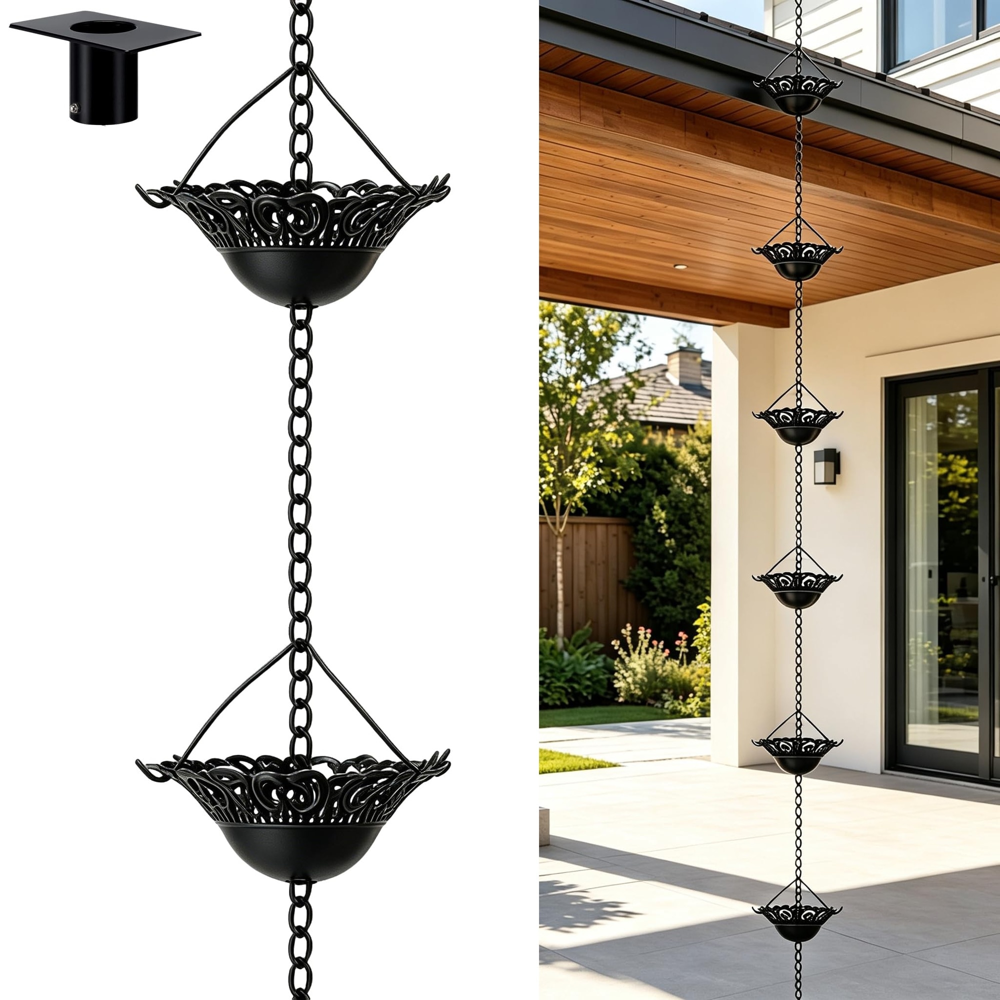 Phewnyzo  Black Metal Rain Chain for Gutters with 12 Cups and 8.5 FT Outdoor Downspout Water Catcher Adapter Connection Decorative Garden Feature