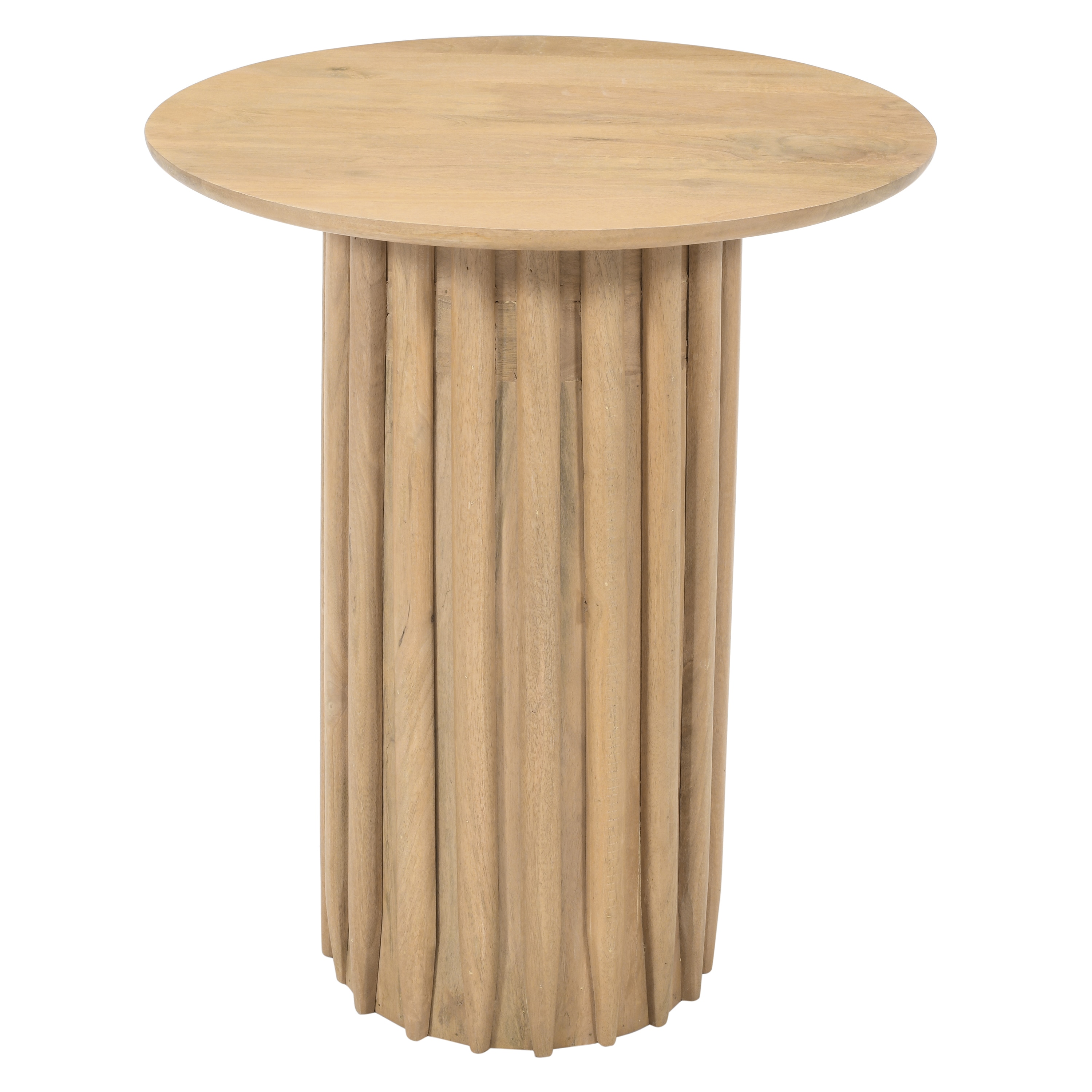 Light Brown Mango Wood Round Dinner Table with Ridged Plinth Base