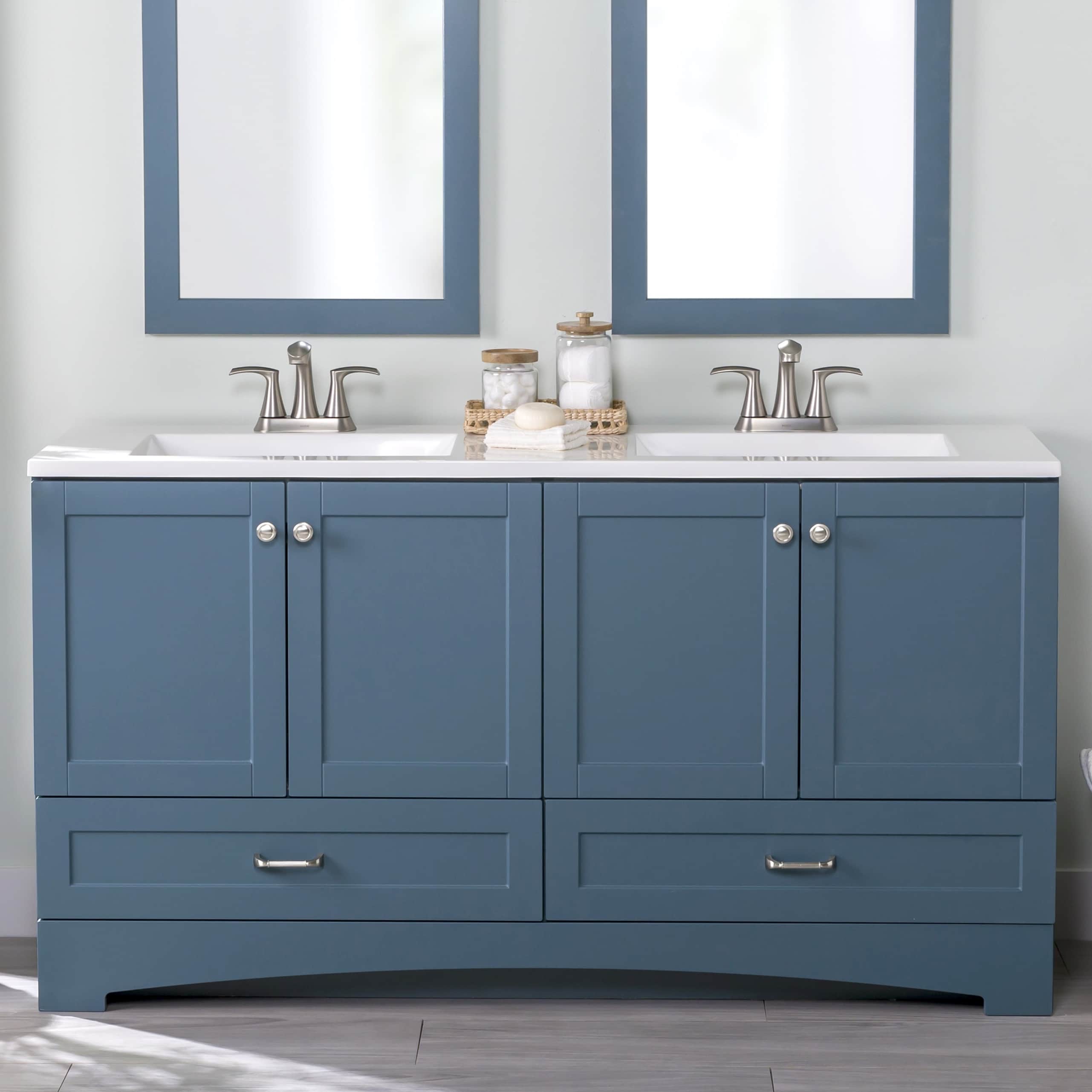Pedestal Sink with Blue Inset Framed Medicine Cabinet - Cottage - Bathroom