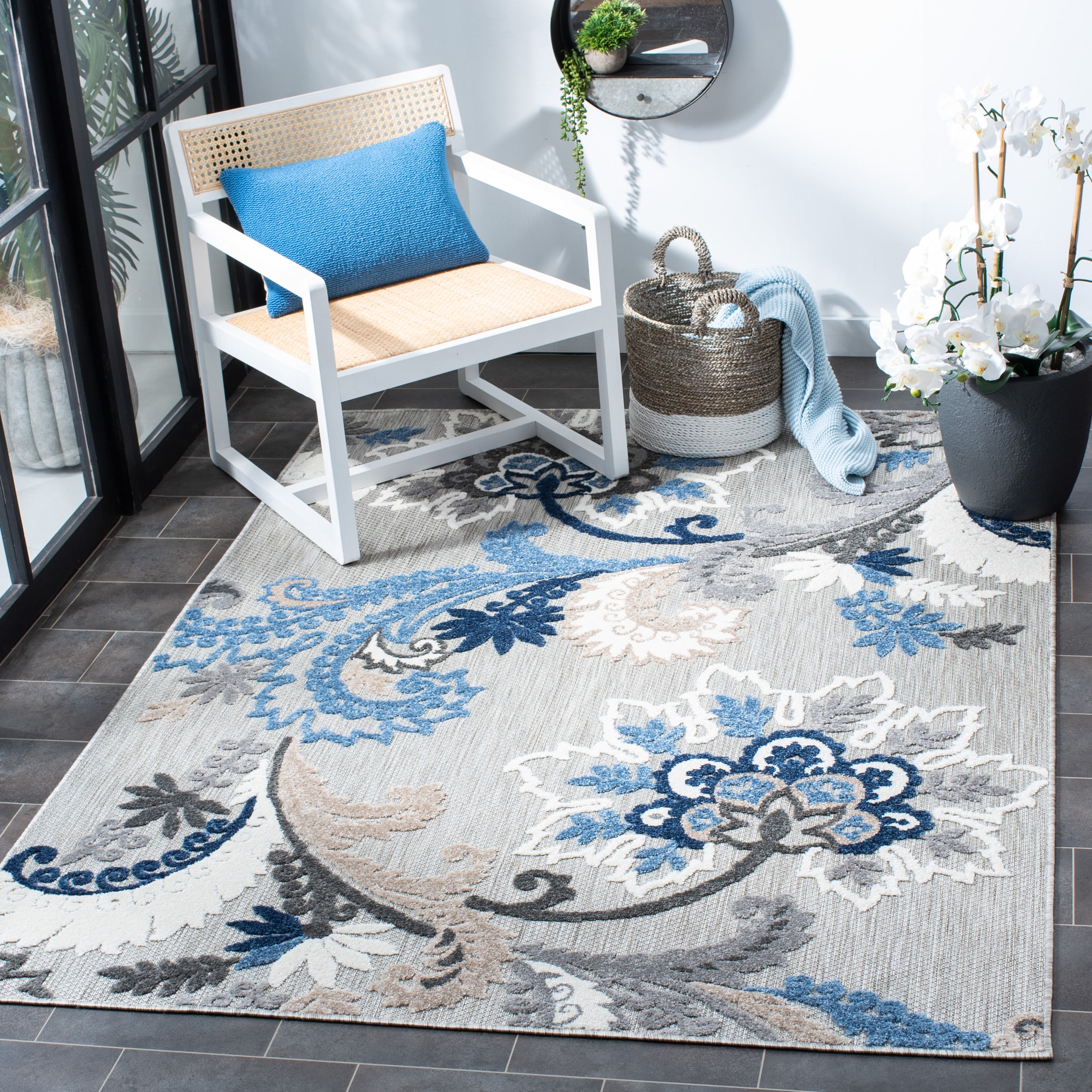 Safavieh CBN305F-8 Cabana 8 x 10 (ft) Loomed Synthetic Gray/Blue Rectangular Indoor/Outdoor Floral Tropical Area rug