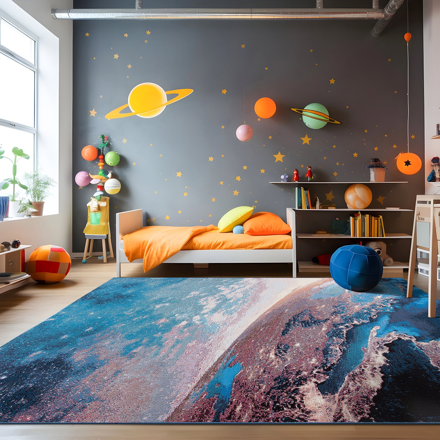Cosmic Galaxy Red and Blue Rectangular Synthetic Rug 5' x 7'