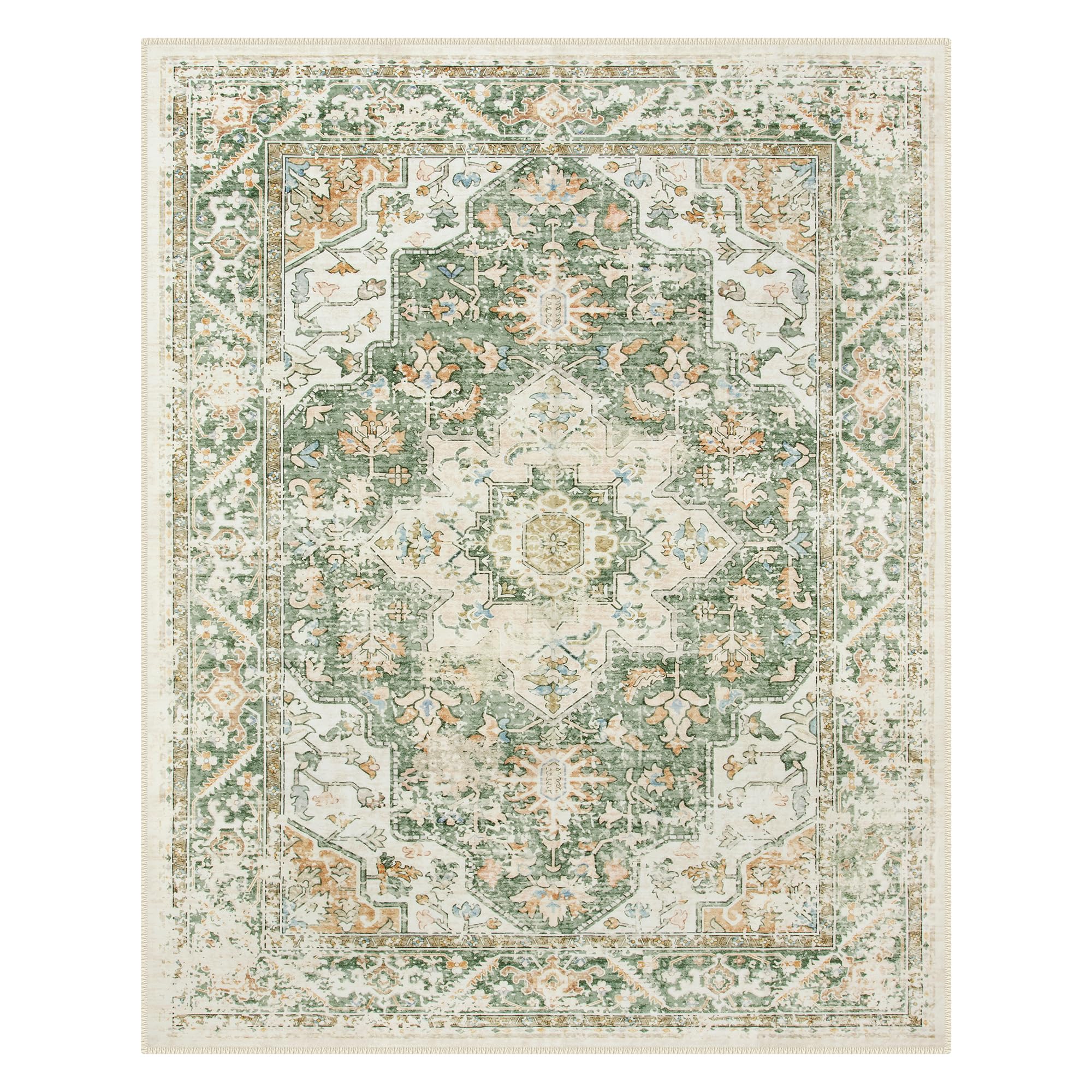 Lahome AR-DYRZP-010-G3 8 x 10 (ft) Green Large Floral Thcik Border Contrast Short Pile Velvet Rectangular Indoor Area Rug
