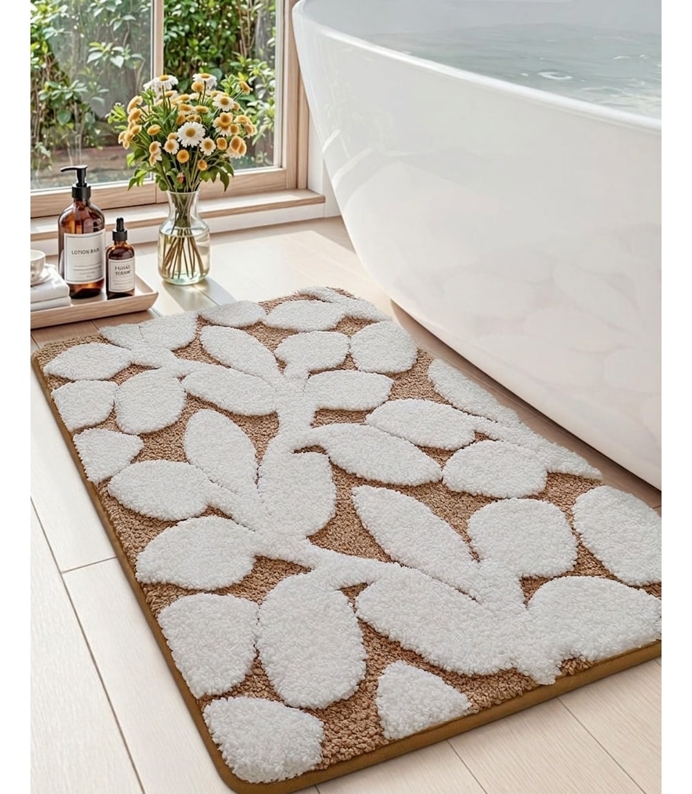 SenQWFa  Bathroom Rug Non Slip 20x32 Inch Washable Microfiber Bath Mat Quick Dry Absorbent Ultra Soft Leaf Pattern for Shower Floor Tub Sink Brown