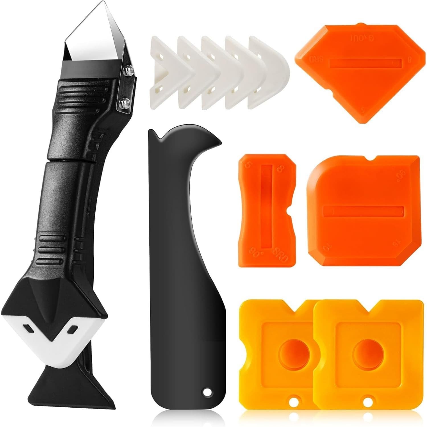 OGETFUUR 3-in-1 Stainless Steel Silicone Caulking Tool Kit 12-Pack Multi-Shape Replaceable Pads Black Plastic Caulk Remover Finishing Tool