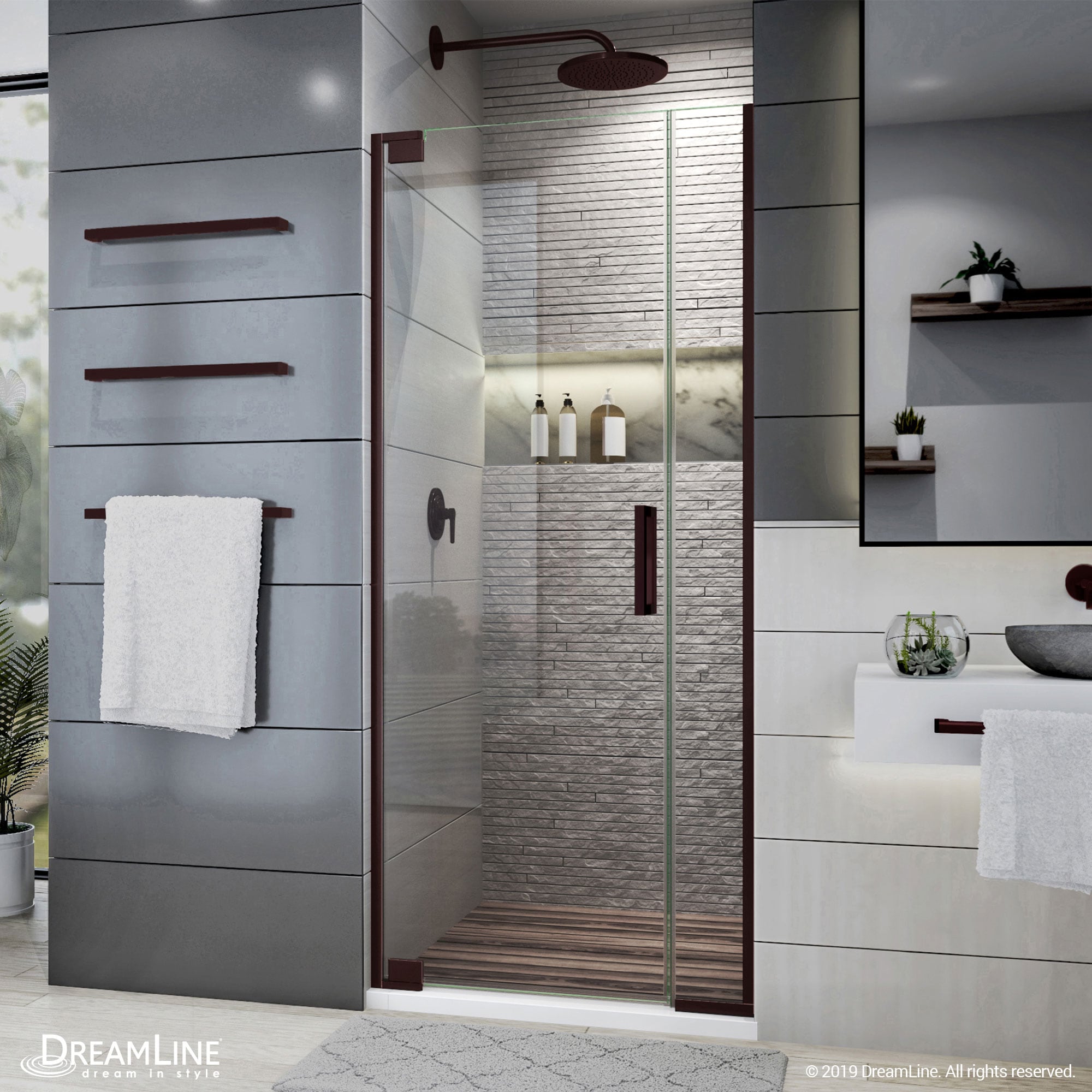 DreamLine SHDR-443060-06 Elegance Plus Oil Rubbed Bronze 30-in to 30-3/4-in W x 72-in H Frameless Pivot Shower door 3/8-in Thick Clear Glass