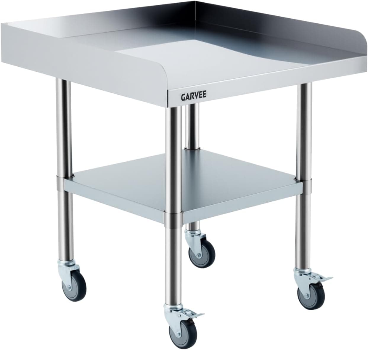 GarveeLife 24x30 Inch Stainless Steel Rolling Prep Table Three Sided Fixed Backsplash Adjustable Undershelf Heavy Duty Restaurant Garage Workbench