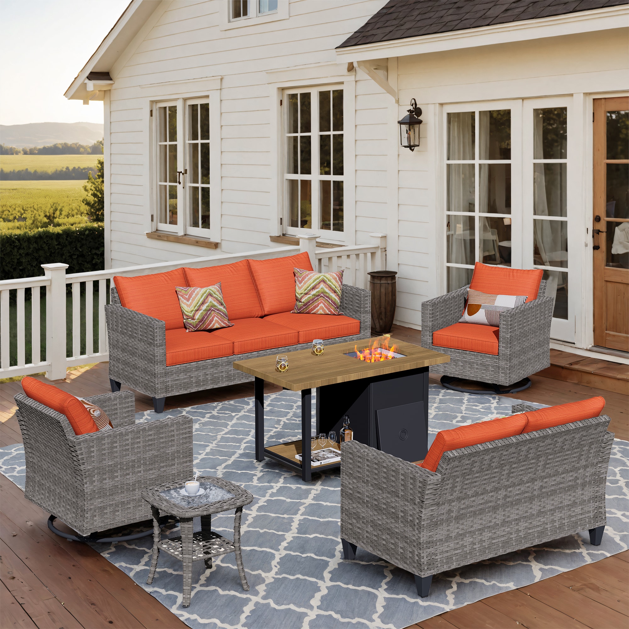 XIZZI XSQL8164-RC3DFP Lullaby 6-Piece Rattan Patio Sofa Conversation Set with Orange Cushions